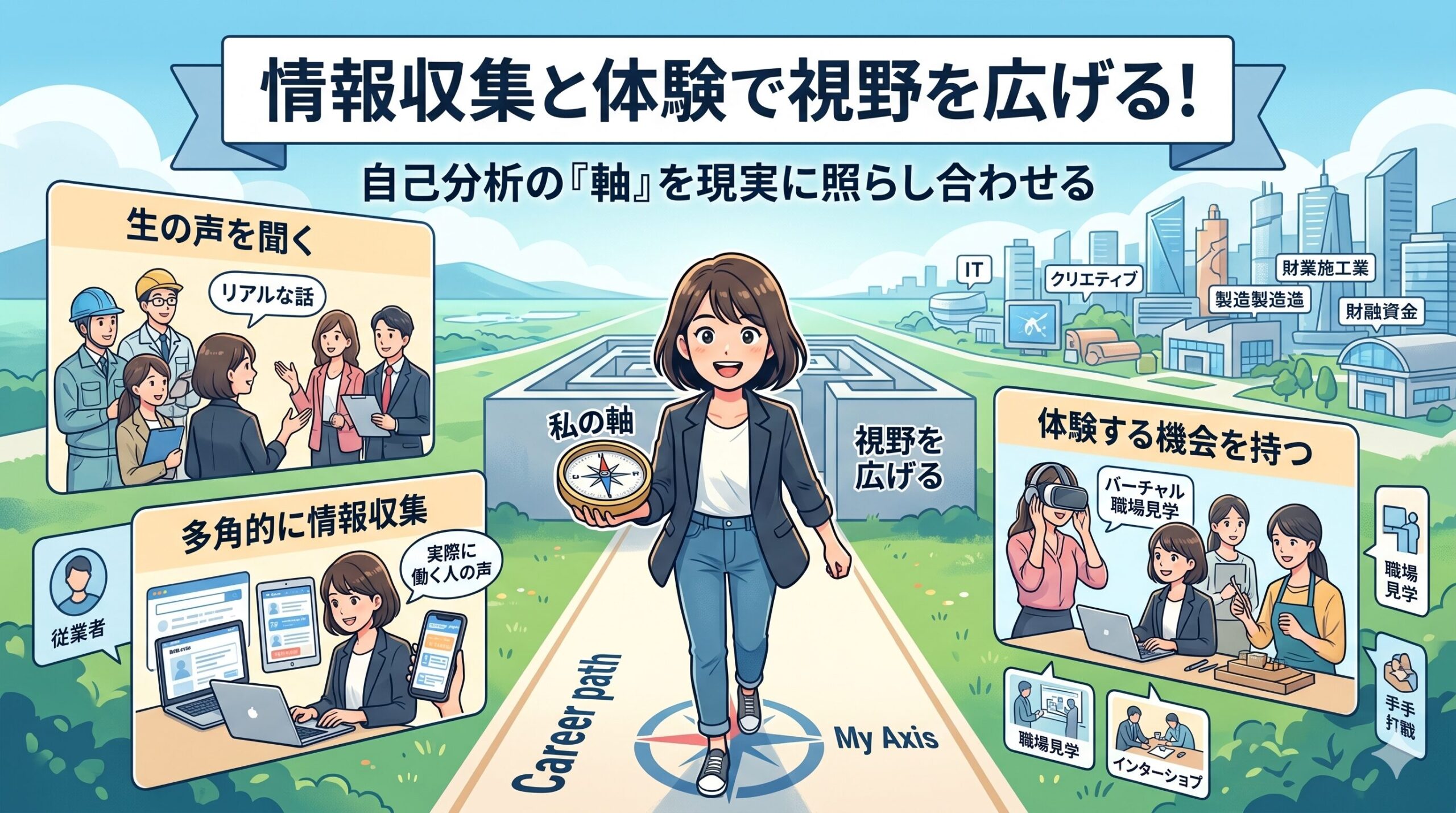 情報収集と体験で視野を広げるイラスト