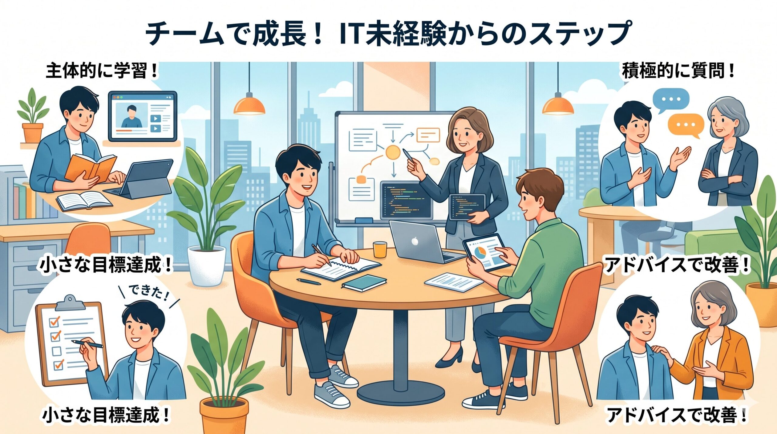 ITチームでホワイトボードを使って話し合い、学習している様子