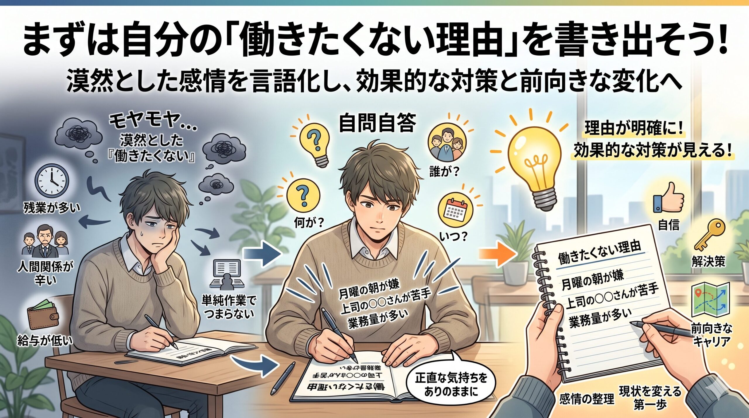 働きたくない理由を明確にするために、具体的な状況と感情を書き出す様子