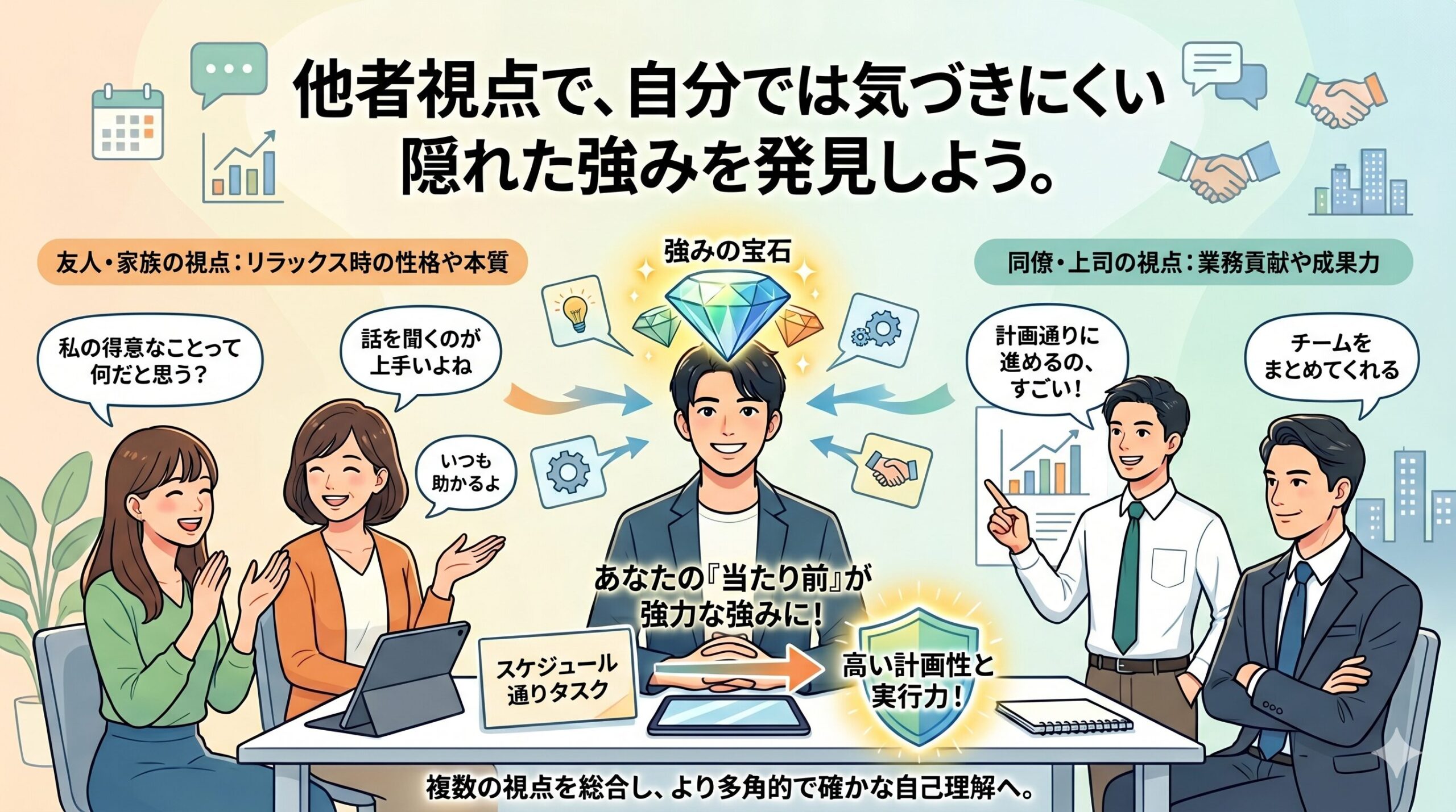 周囲の人からのフィードバックを通じて自分の強みを発見する様子