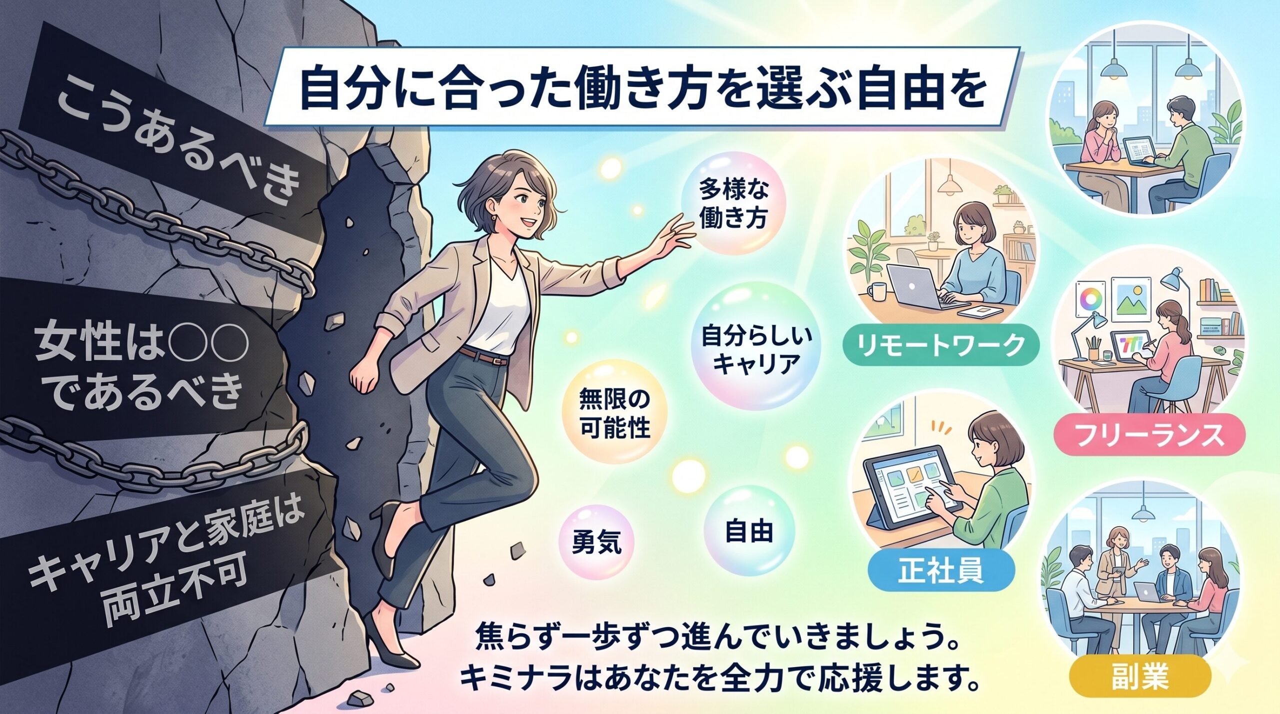 多様な働き方をする人々が共存するイラスト