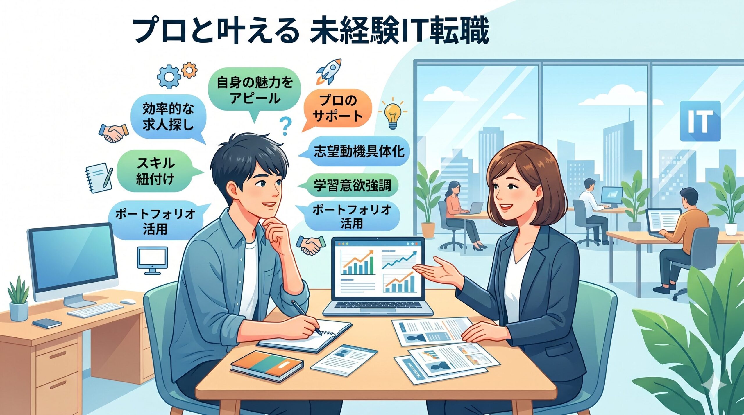 キャリアアドバイザーと転職相談をしている様子のイラスト