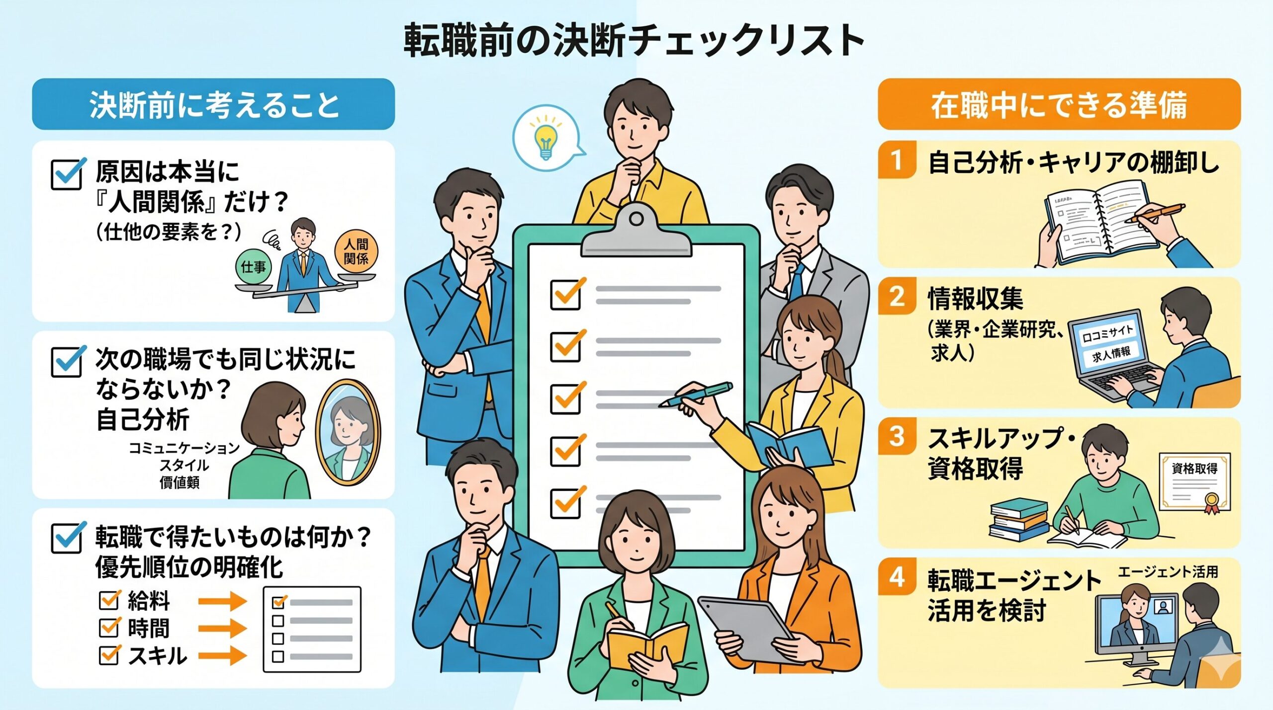 転職を決断する前に人間関係以外の要因や自己分析、優先順位を明確にする重要性を図解