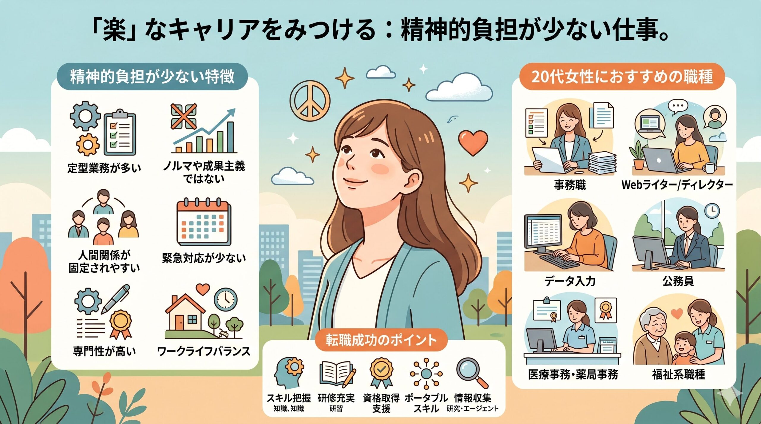 オフィスで穏やかに働く女性のイラスト