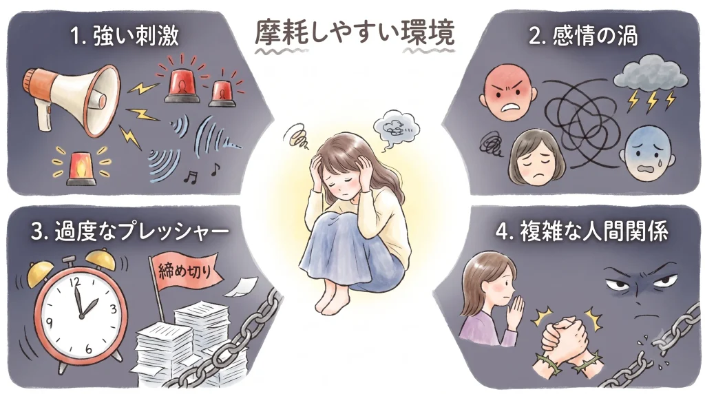 職場の環境が悪く、強いストレスを抱えている図解