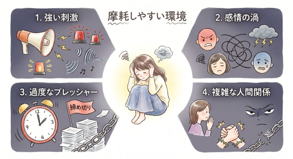 職場の環境が悪く、強いストレスを抱えている図解