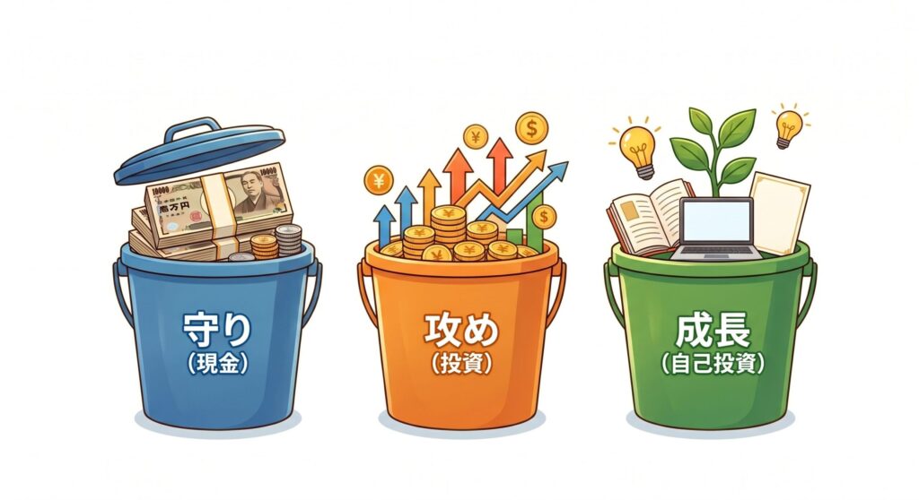 「守り（現金）」「攻め（投資）」「成長（自己投資）」の3つのバケツの図解