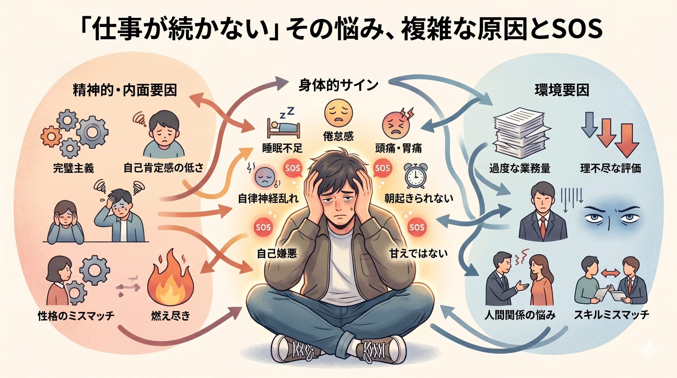仕事が続かない原因と身体的サインの図解