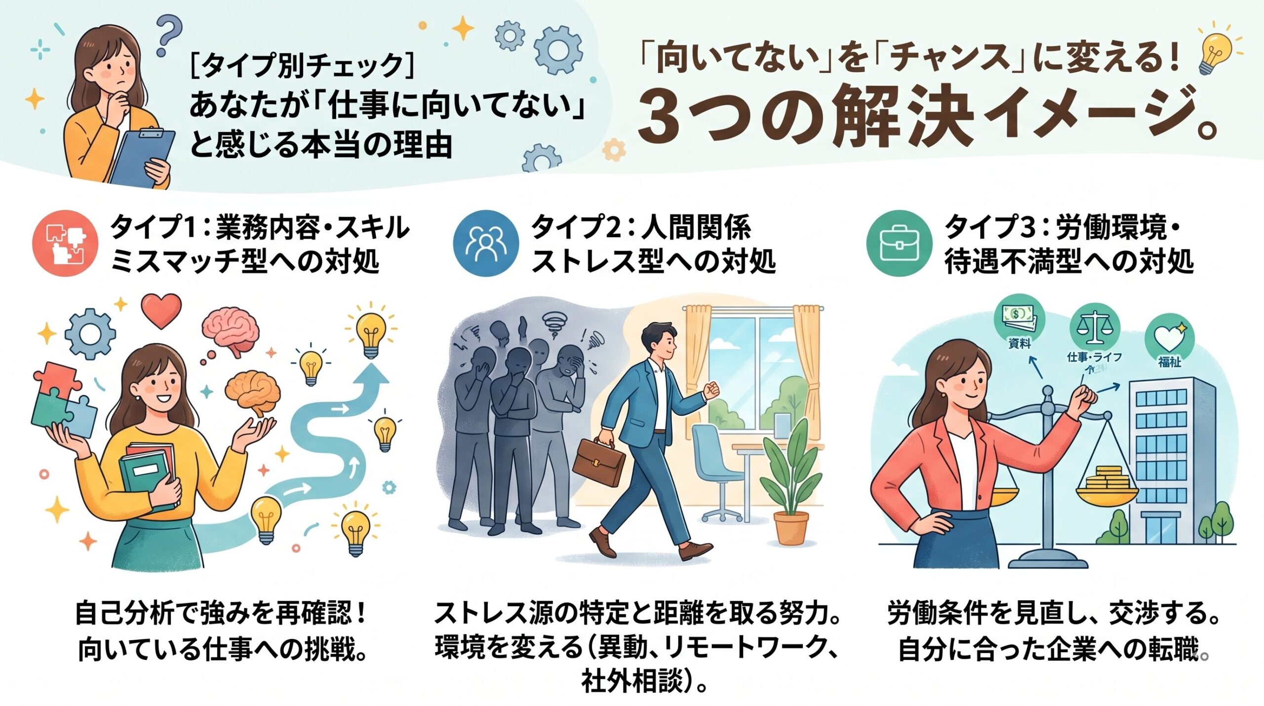 業務内容ミスマッチを解決するための自己分析とキャリアチェンジのイメージ画像