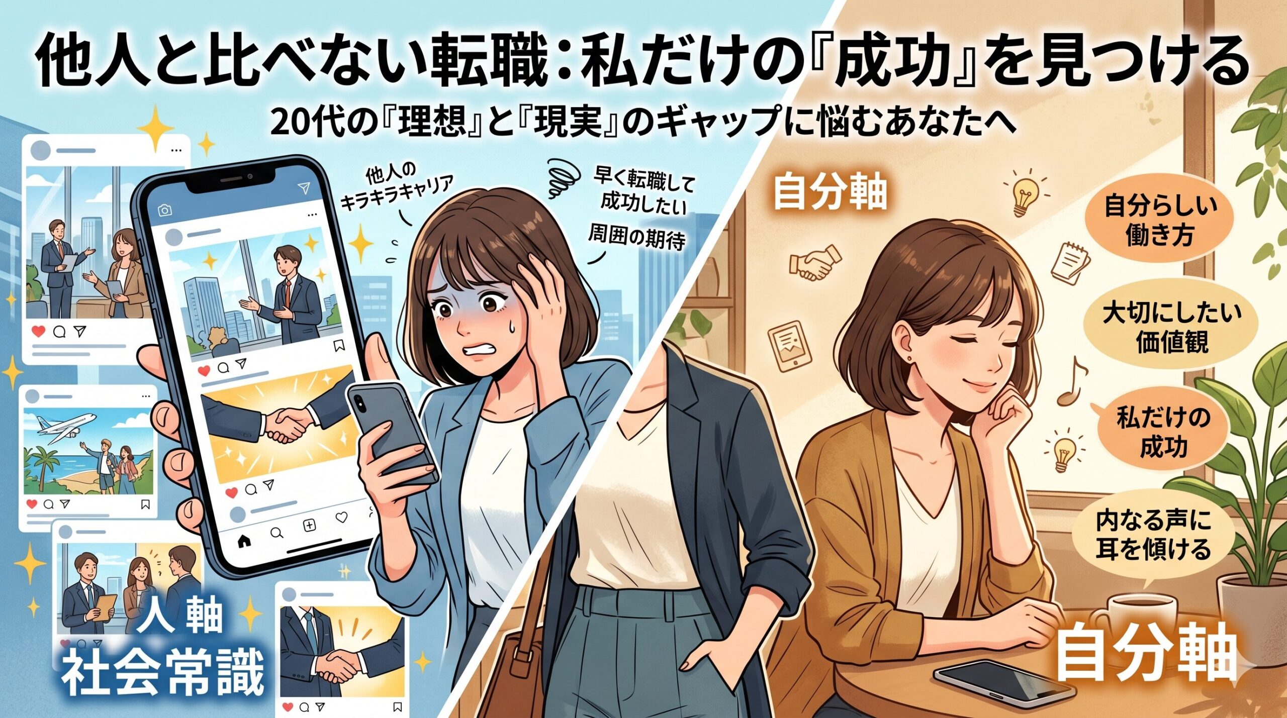 社会の理想と現実のギャップのイラスト
