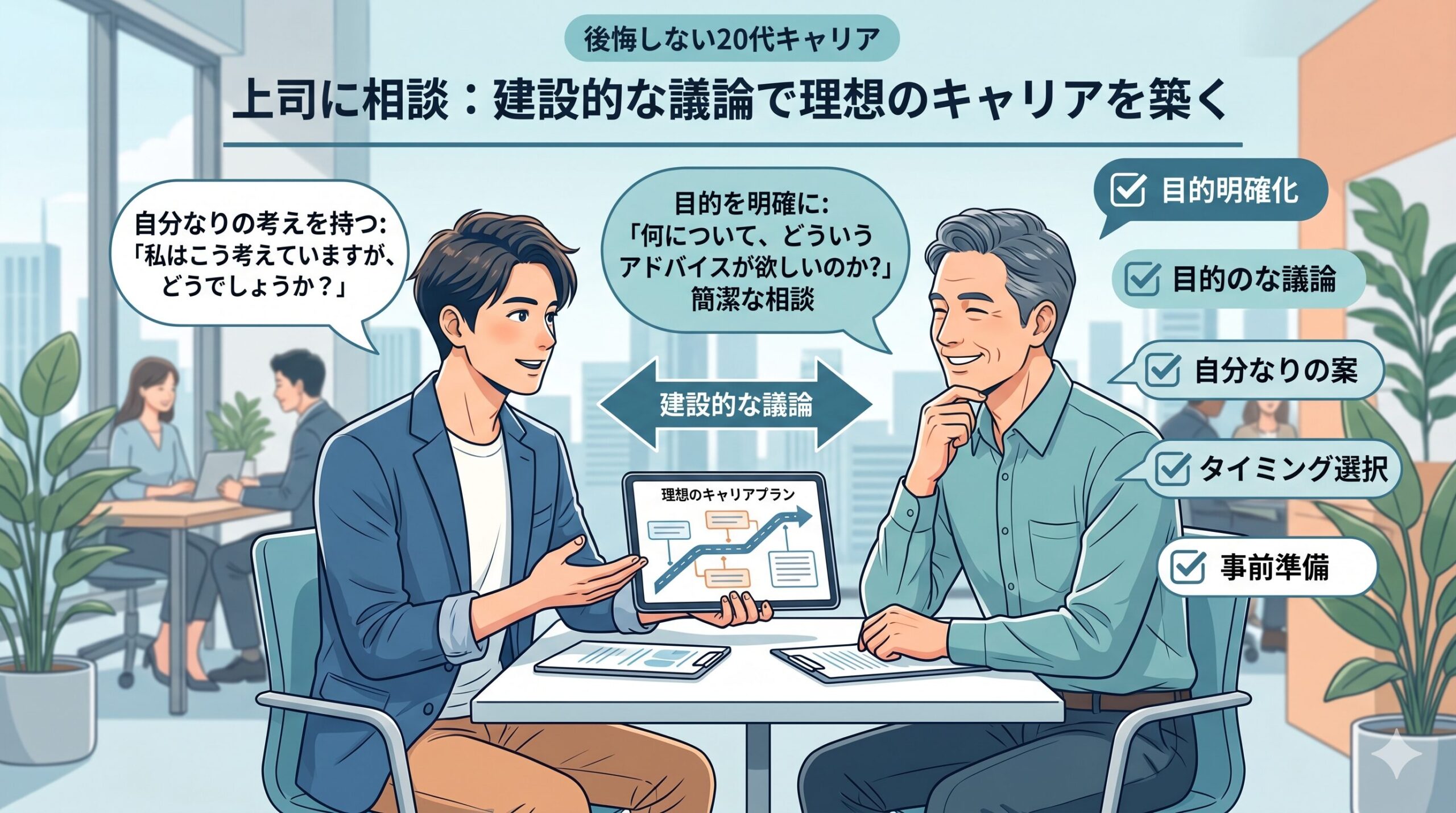 オフィスで上司と相談している若い女性の画像