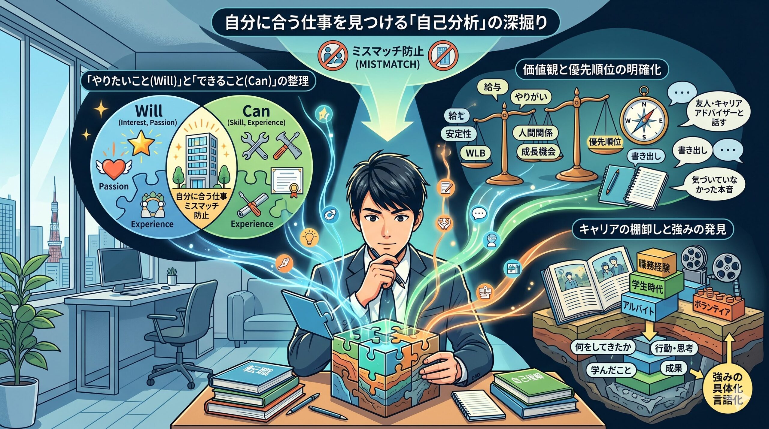 自己分析の具体的なステップを示した図：やりたいこと、できること、価値観、強みを発見するプロセス