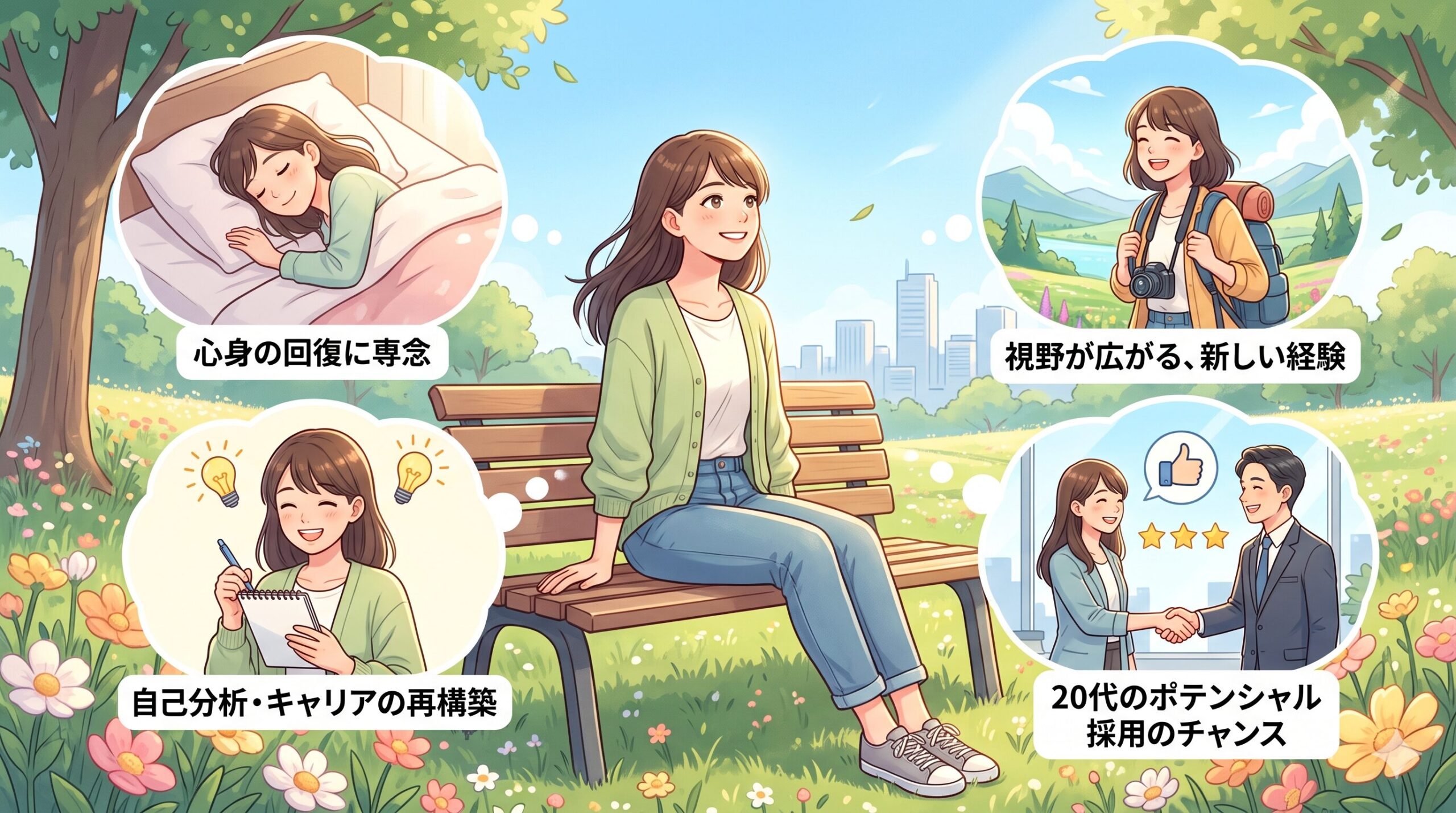20代で退職し休養するメリットのイラスト