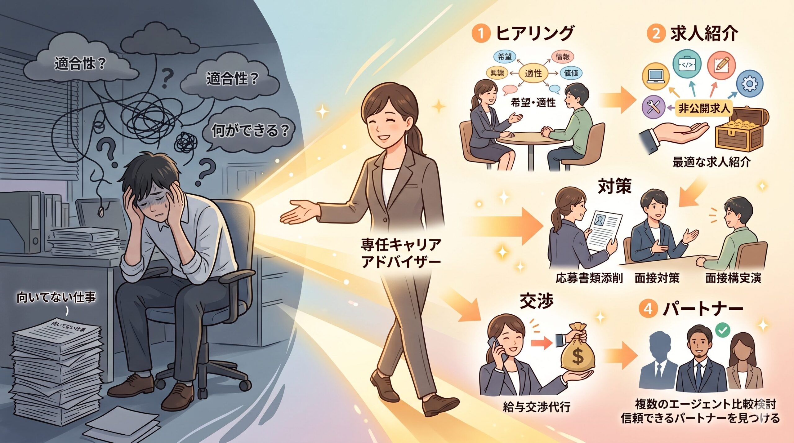 転職エージェントの活用メリット：専門的アドバイス、非公開求人、選考対策、交渉代行など