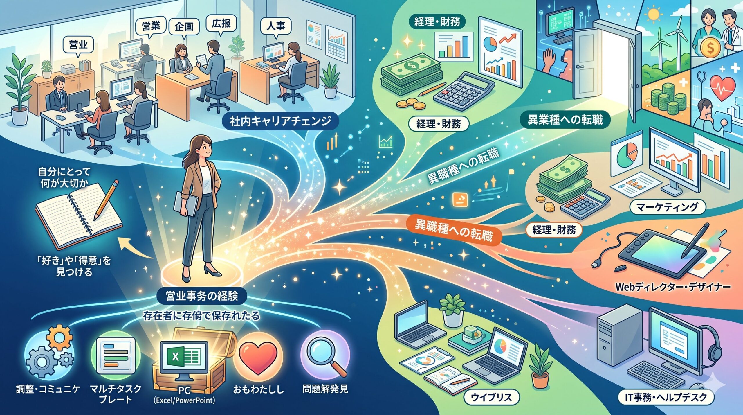 営業事務からのキャリアパスの広がりを示す図