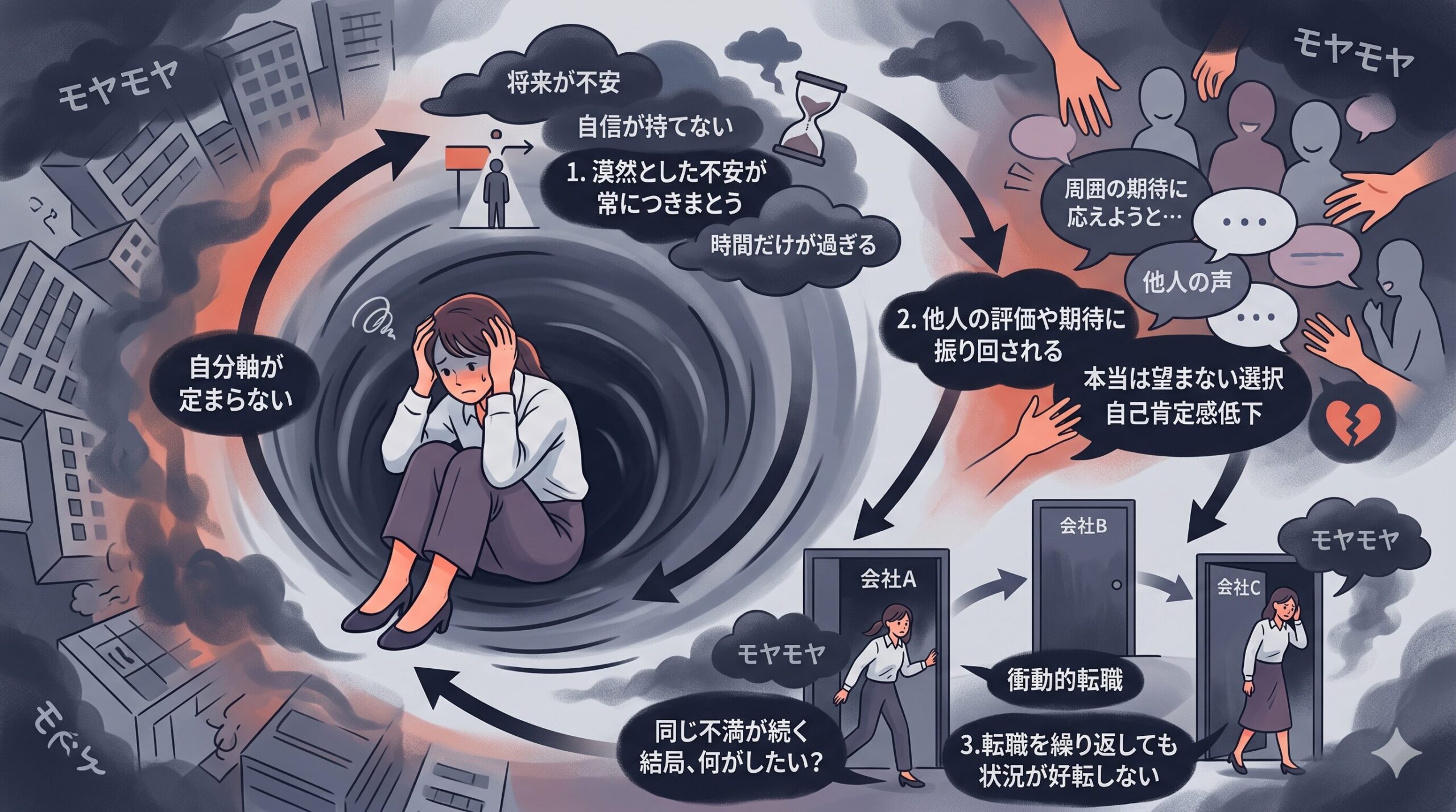 自分軸が定まらないと起こる負のループを視覚的に表現した図。不安、他者依存、衝動的転職の3つの要素が円を描くように配置されている。
