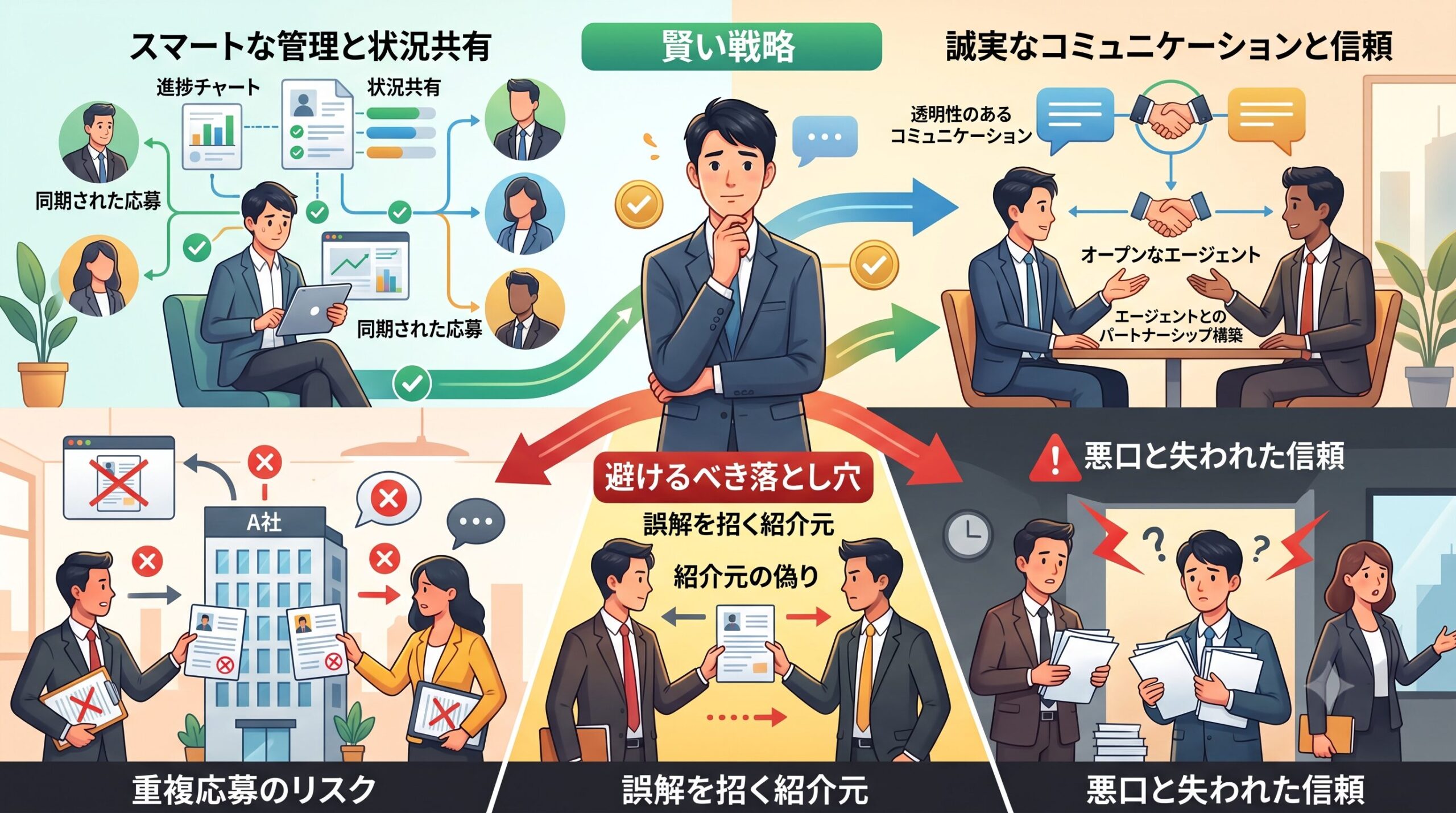 複数の転職エージェントを同時に利用する際の注意点と適切な管理方法を図解したイラスト