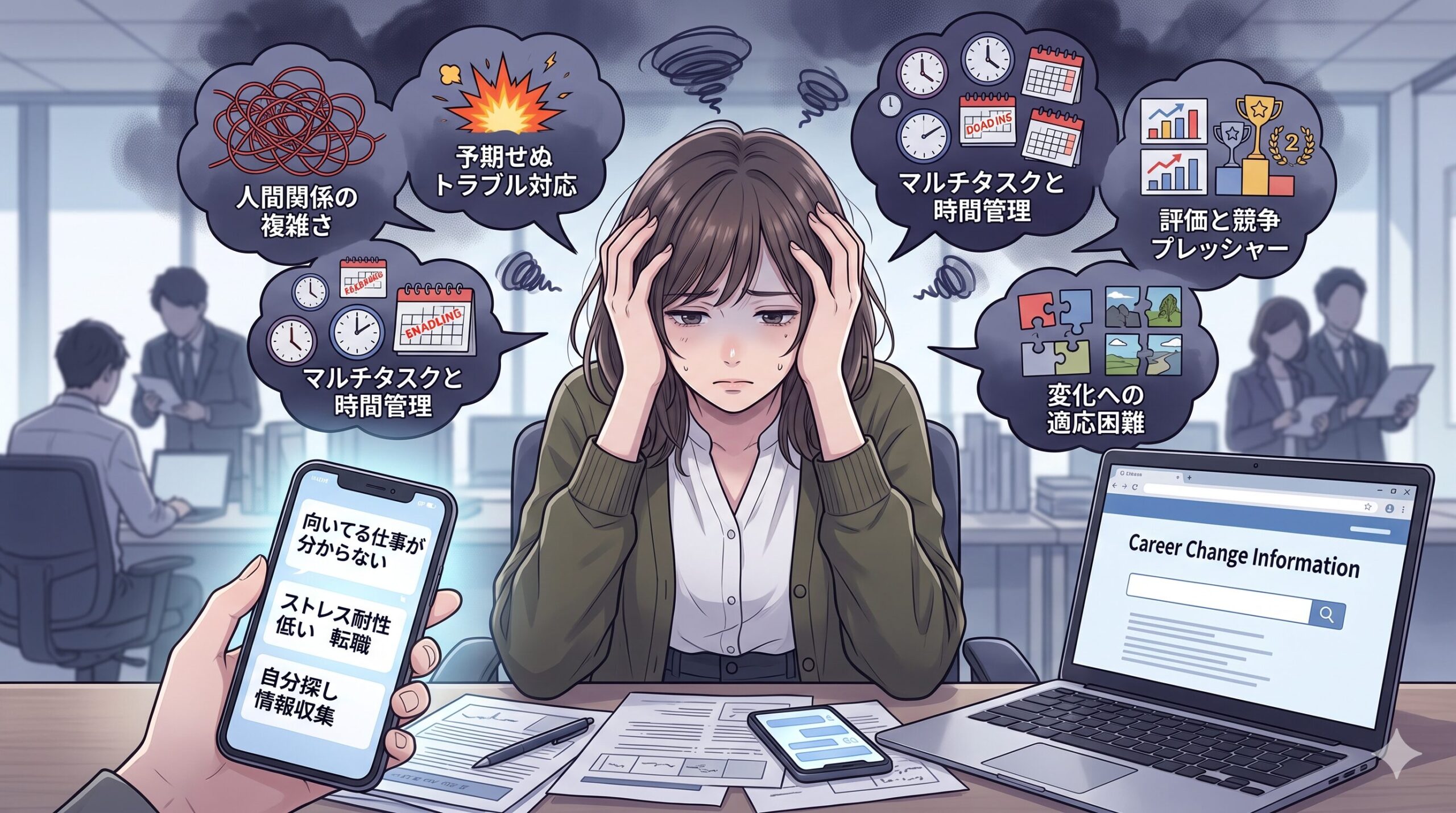 ストレス耐性が低い人が抱えやすい仕事の悩みのイラスト