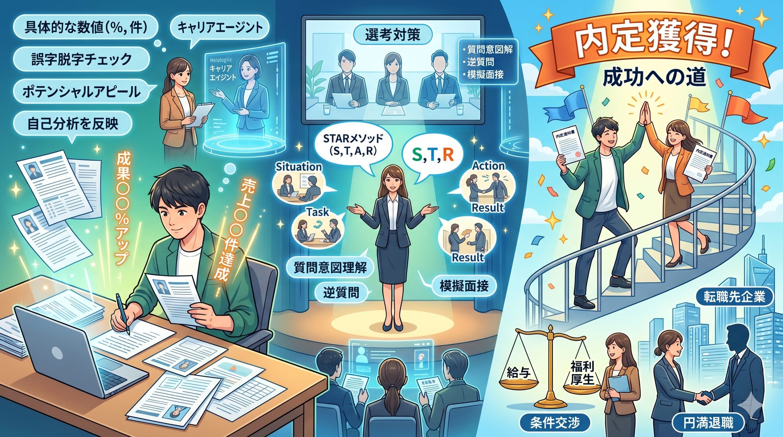 転職選考対策のイラスト：履歴書作成、面接準備、内定後の交渉、退職手続きのプロセス