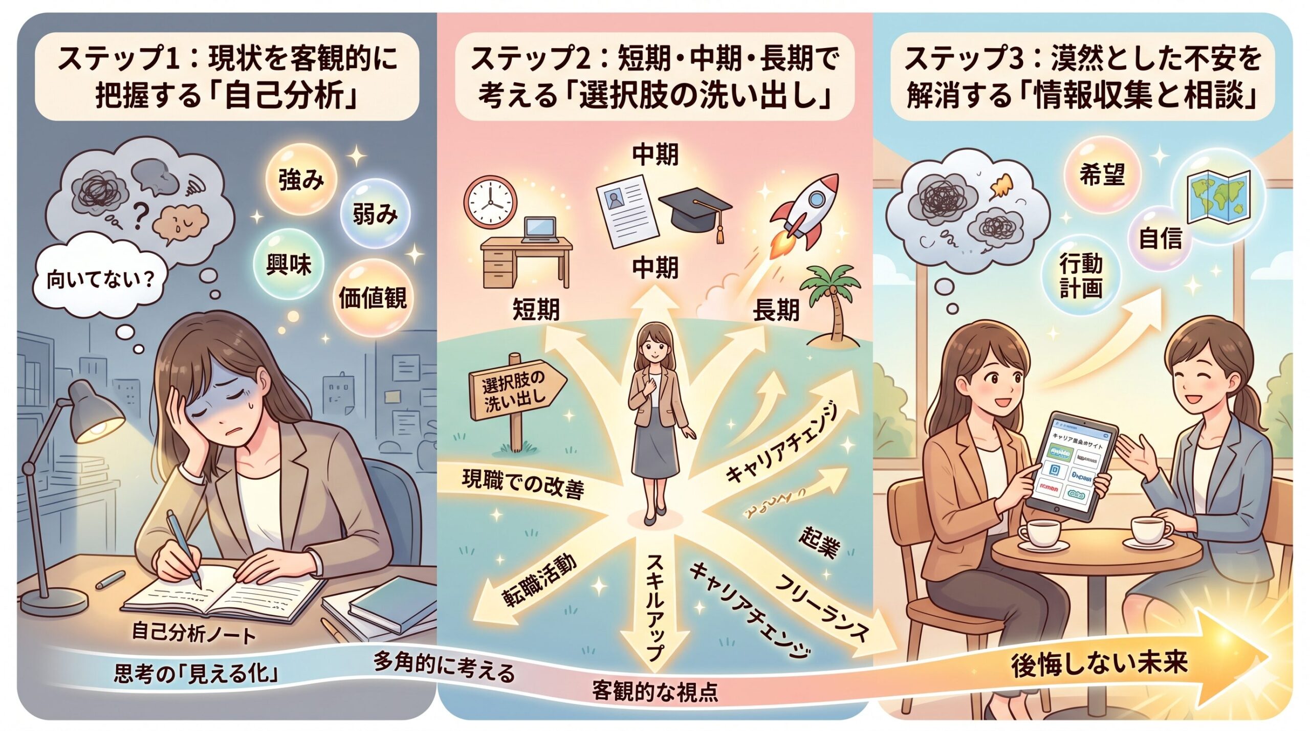 20代からの後悔しないキャリア戦略：現状把握、選択肢の洗い出し、情報収集と相談の3ステップを示す図