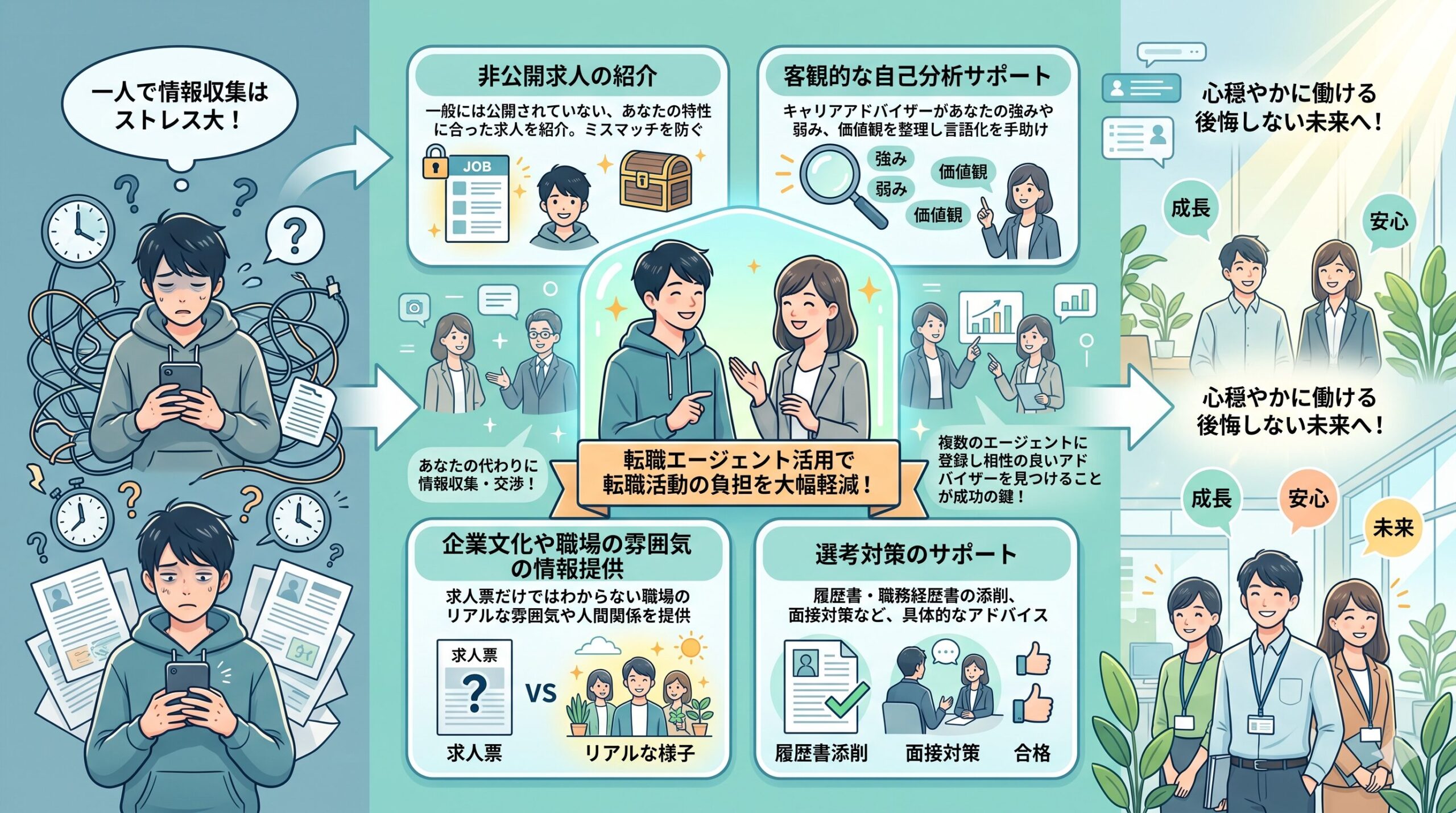 転職エージェントのサポート内容のイラスト