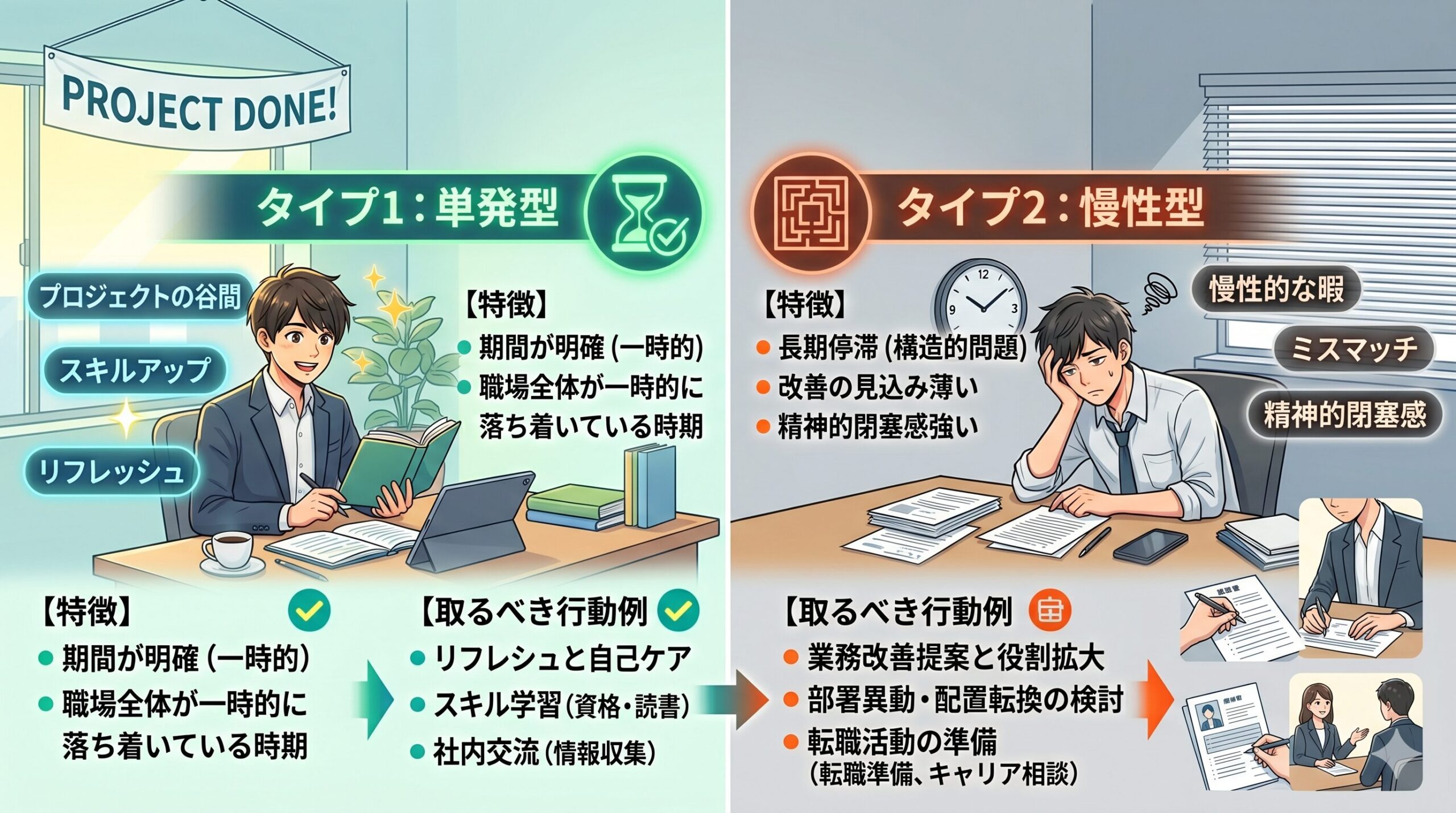 仕事が暇な20代のタイプ別診断と行動指針フロー