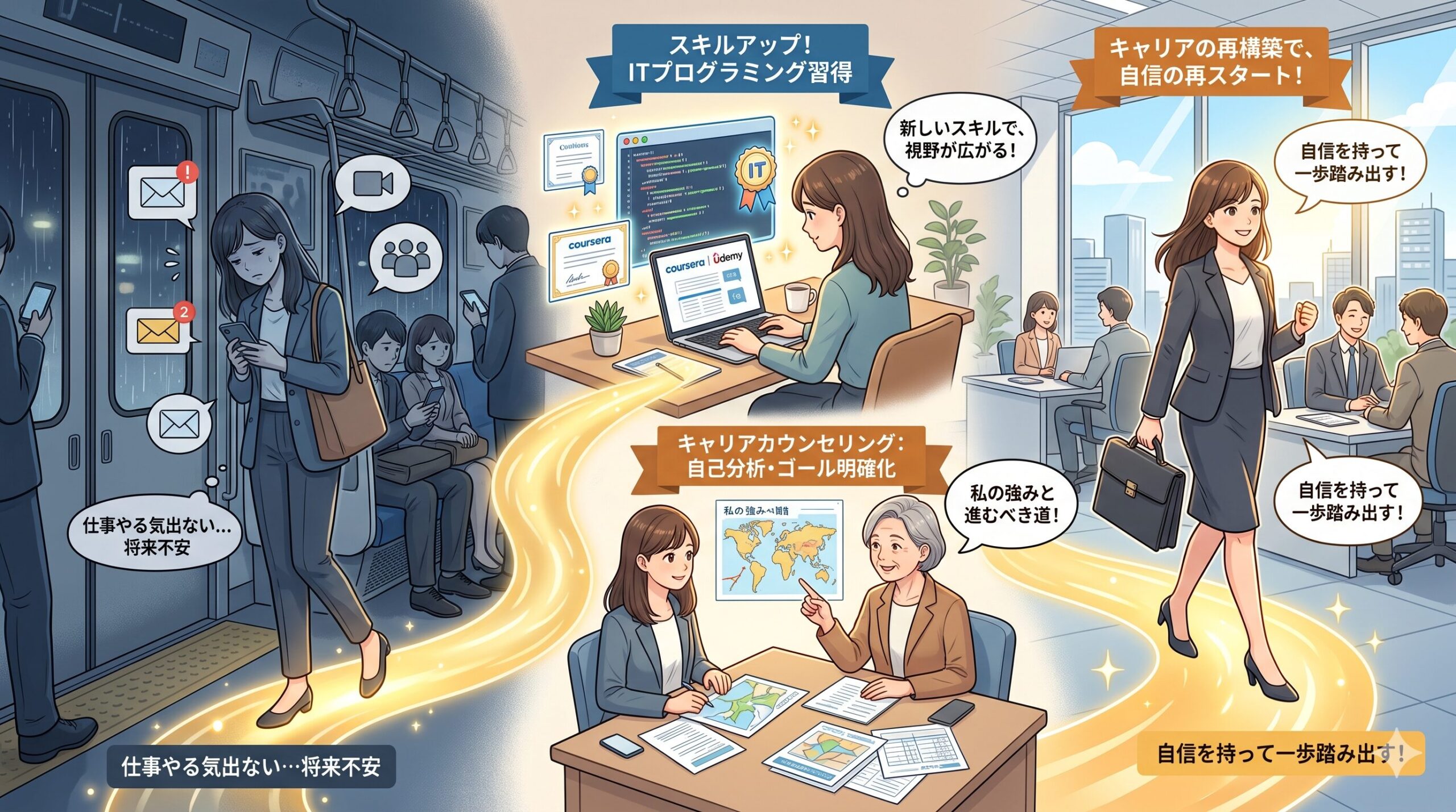 オンライン学習とキャリア支援で再スタートする20代のイメージ
