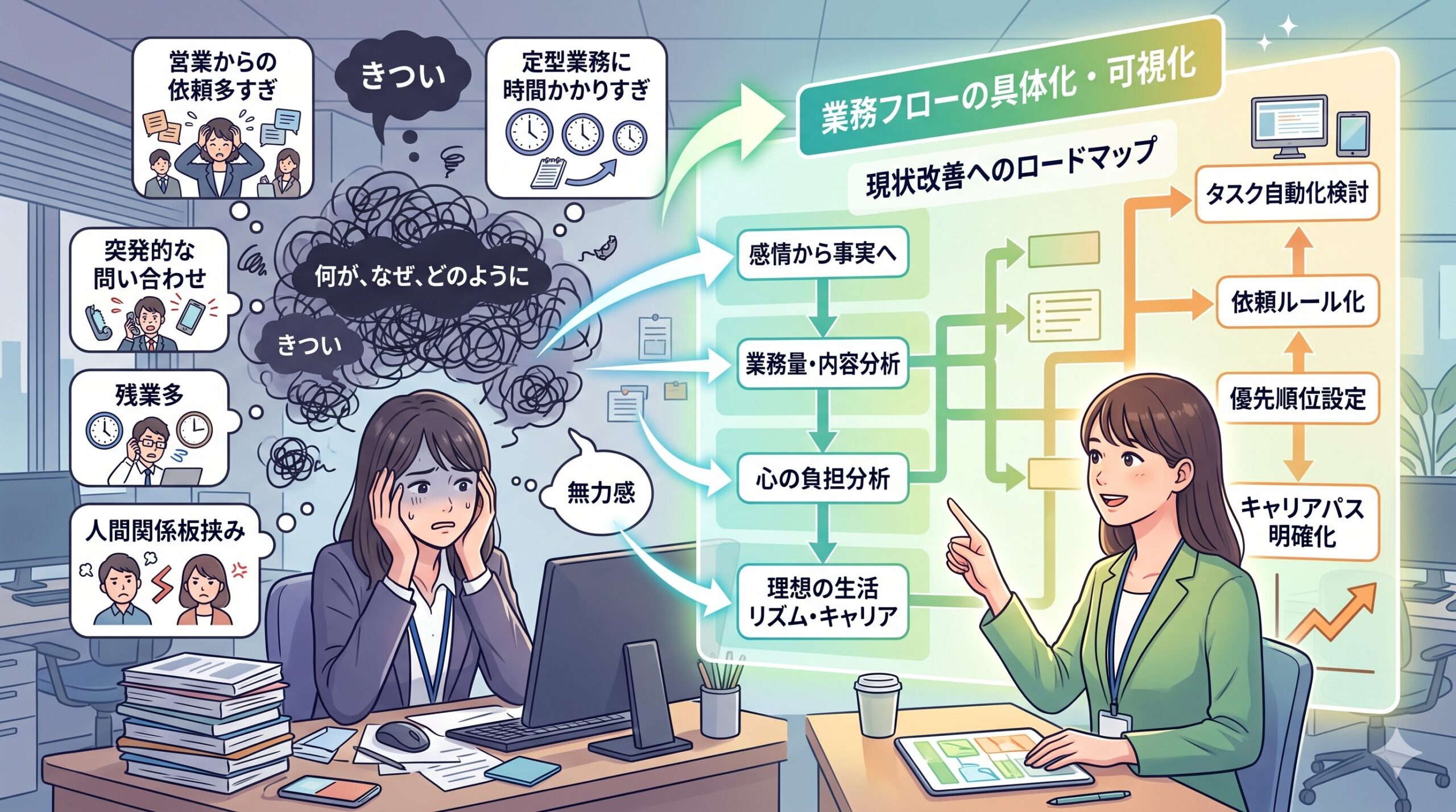 営業事務の業務フローを可視化した図