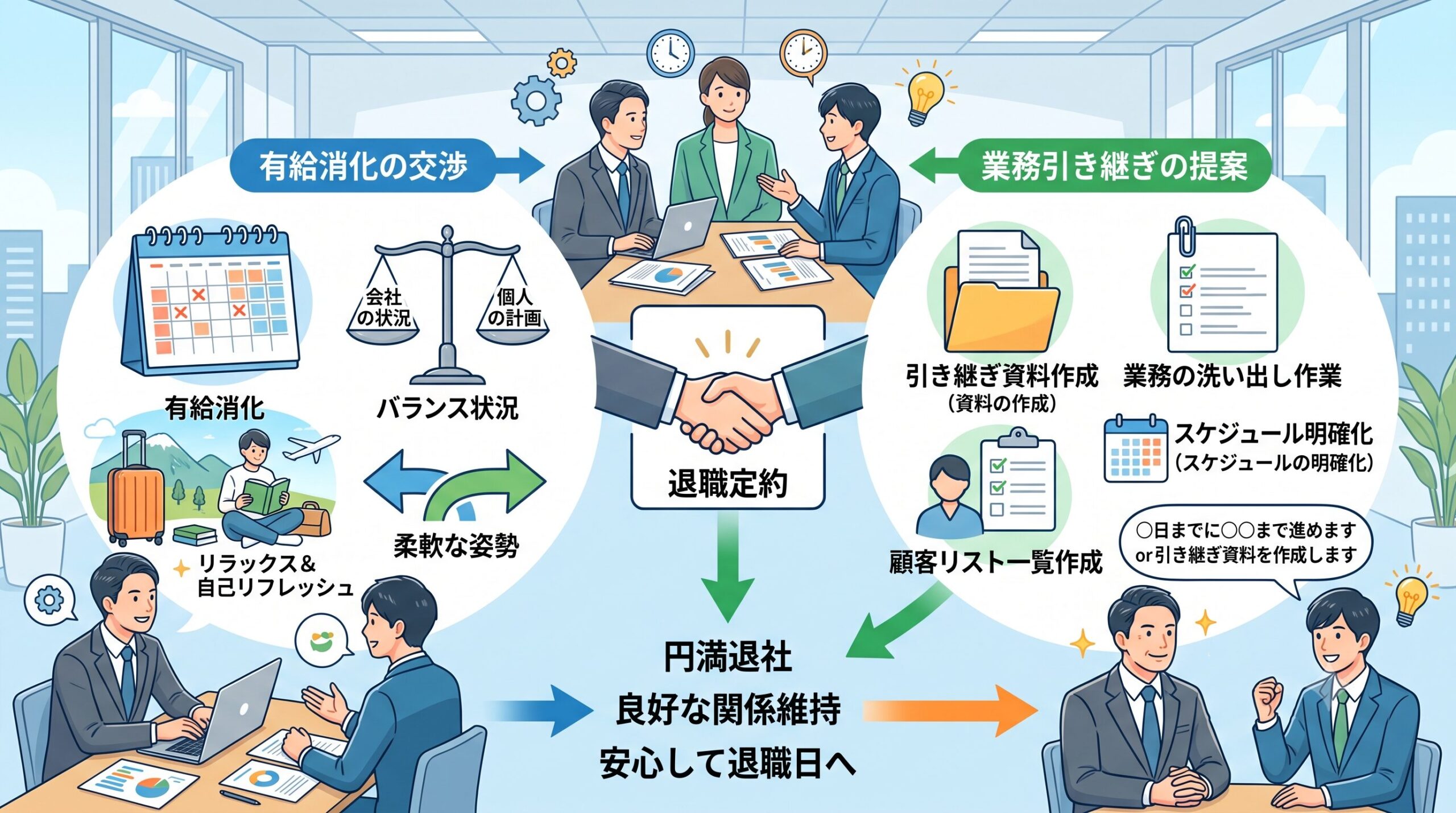 有給消化と引き継ぎを相談するビジネスパーソンのイラスト