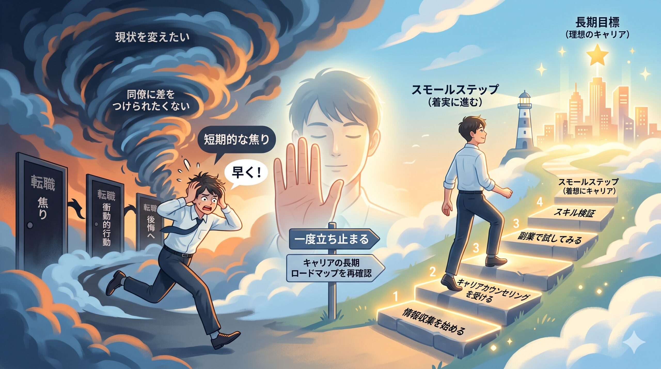 短期的な焦りから衝動的な行動を避けるためのステップを表す図。長期目標の確認、スモールステップの設定、情報収集の継続が含まれる。