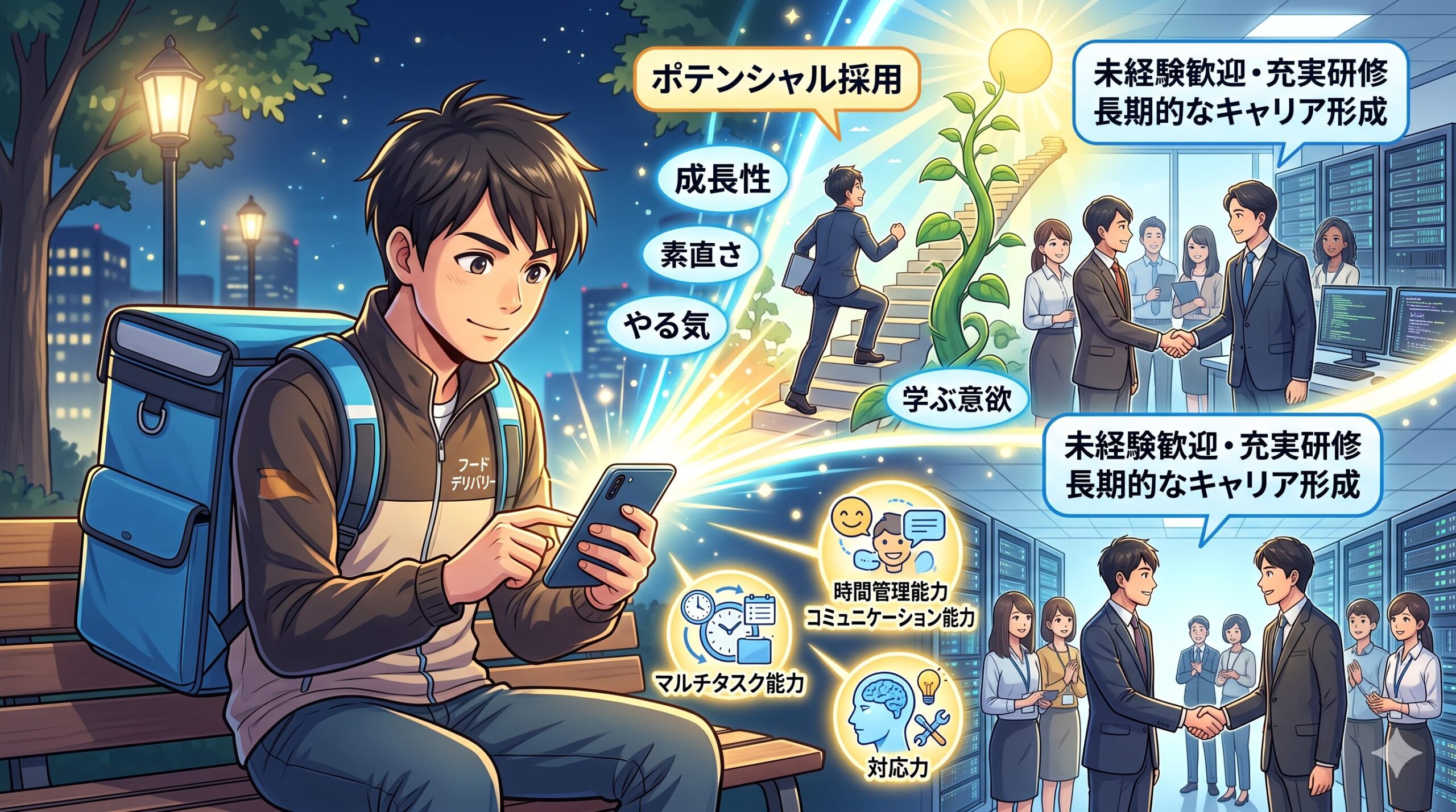 20代のポテンシャル採用を説明する図解。経験よりも意欲と柔軟性が重視される点を強調している