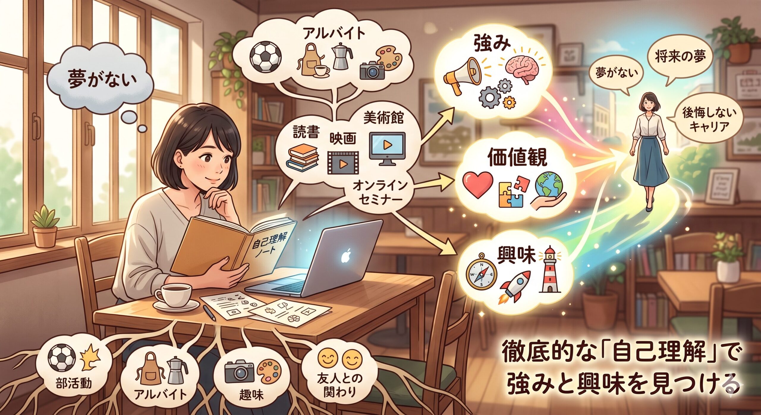 ノートに自分の強みや興味を書き出す人物の画像