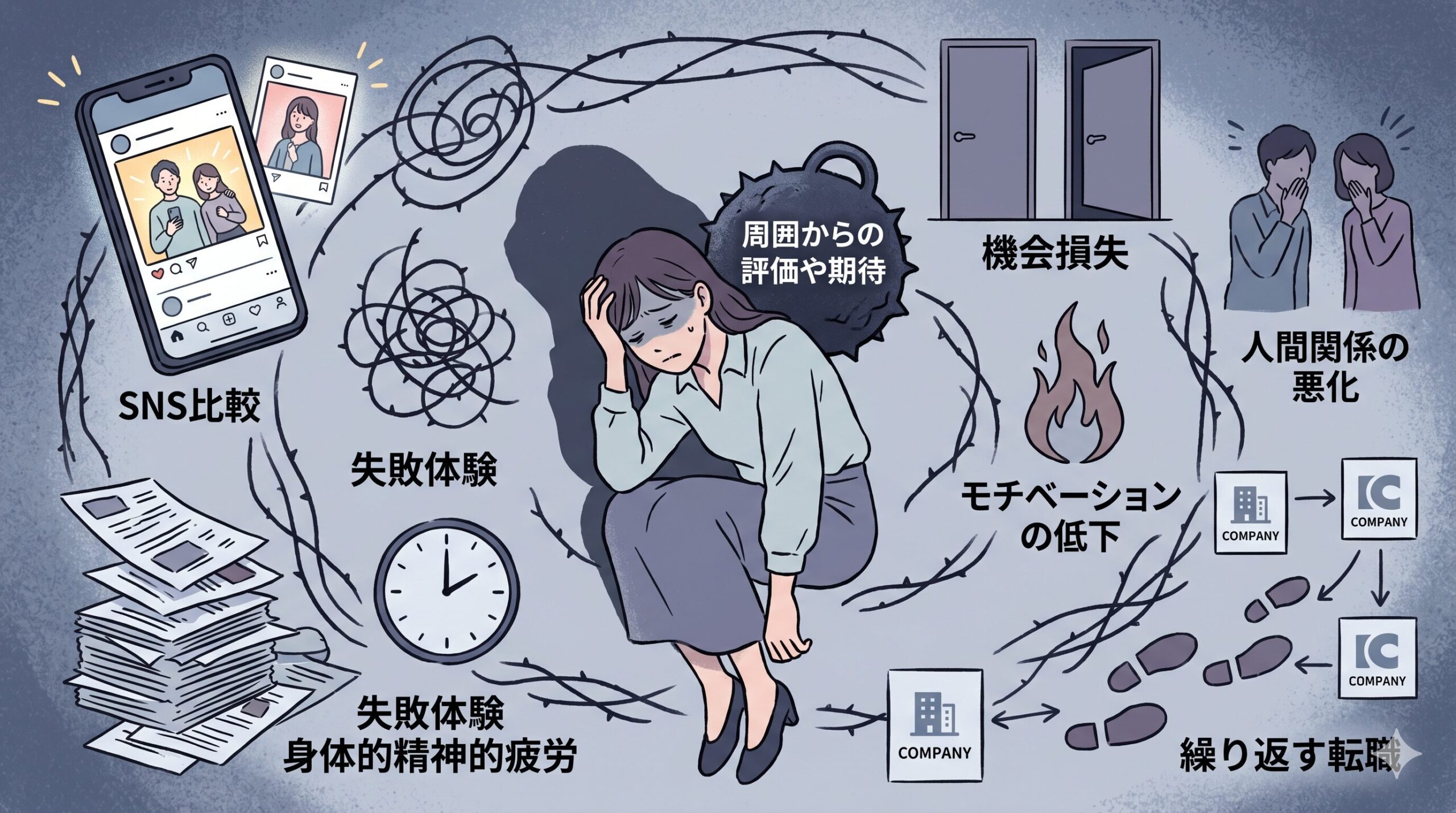 低いセルフイメージがキャリアに与える負の連鎖を示すイラスト