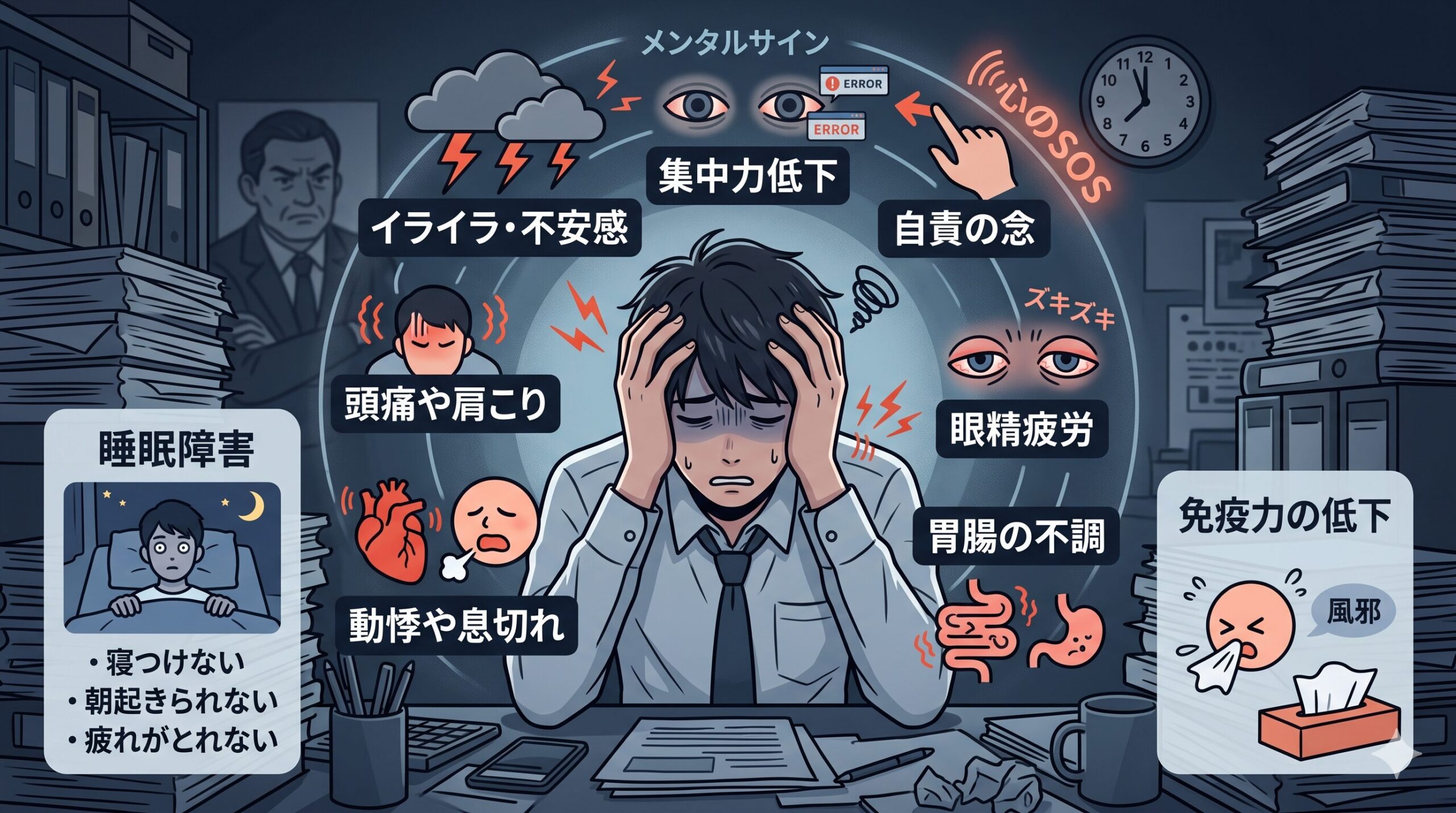 職場環境ストレスによる心身の不調を示すイメージ図