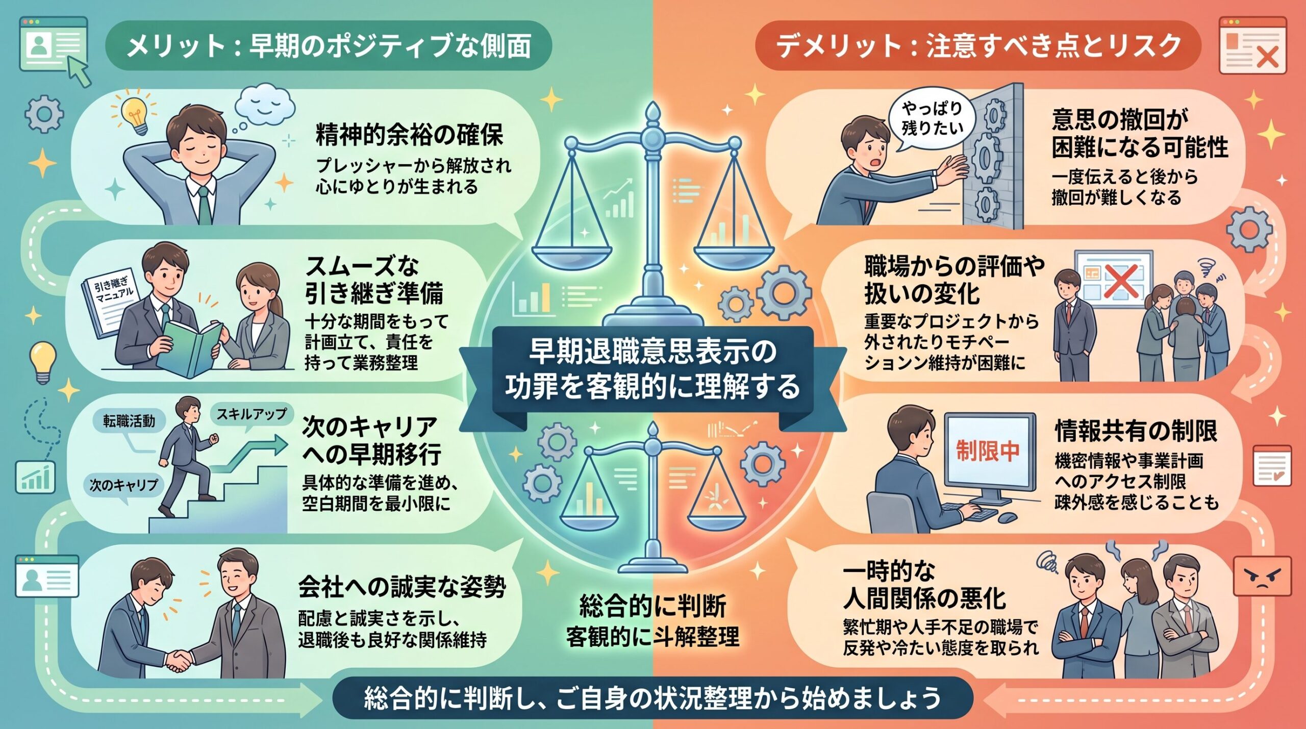 退職を伝えるメリット・デメリットを整理した図