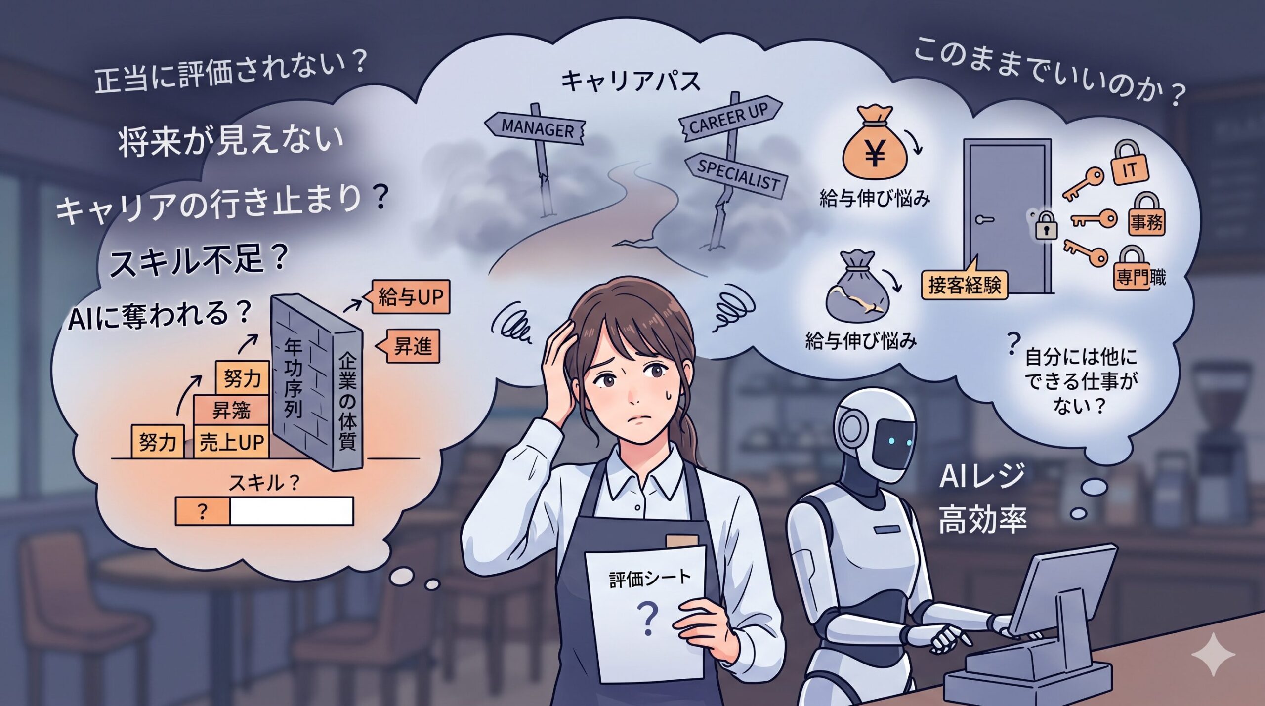 接客業の評価と将来の不安イメージ