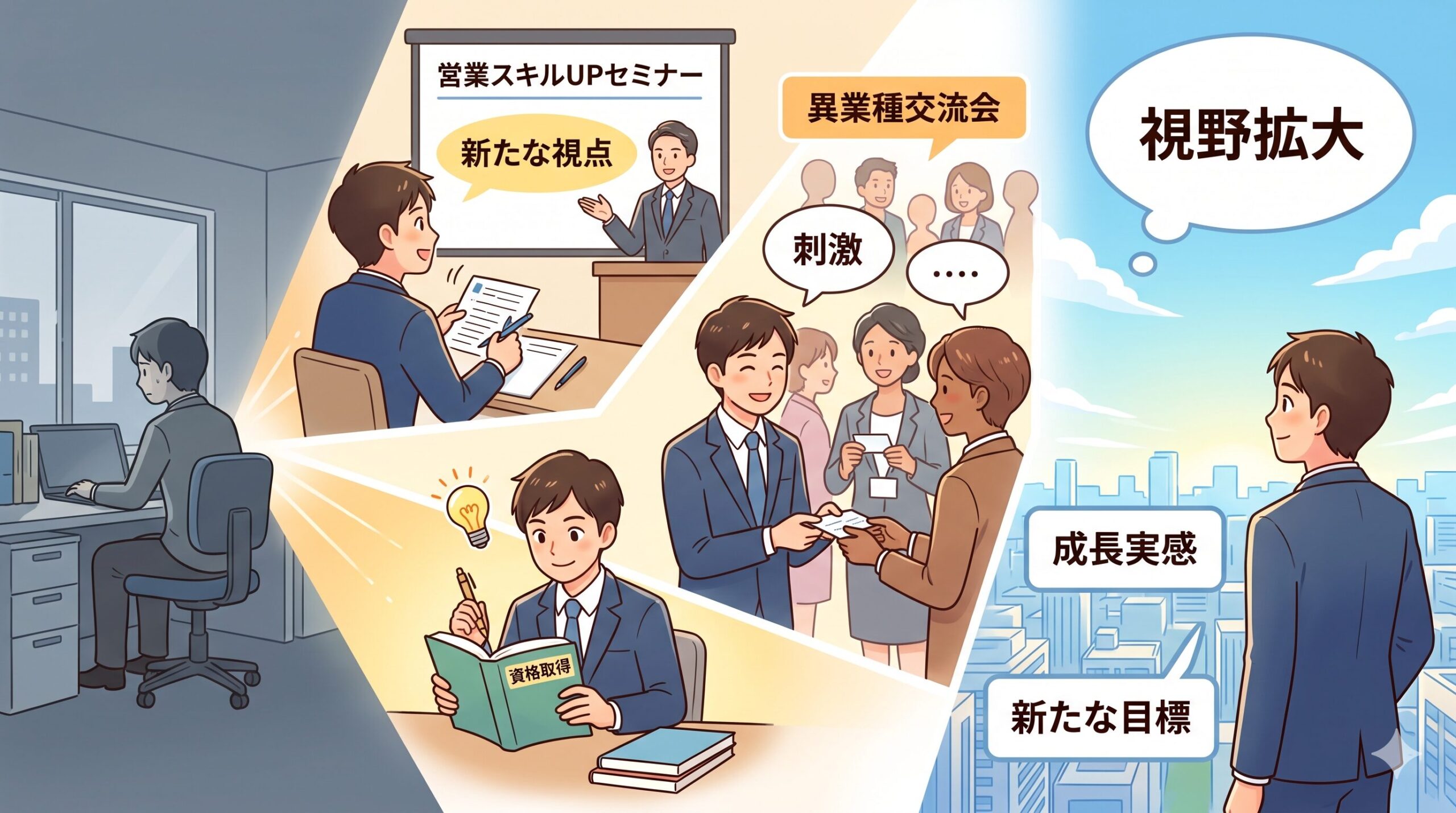 スキルアップセミナーに参加したり、異業種交流会で名刺交換をする人のイメージ