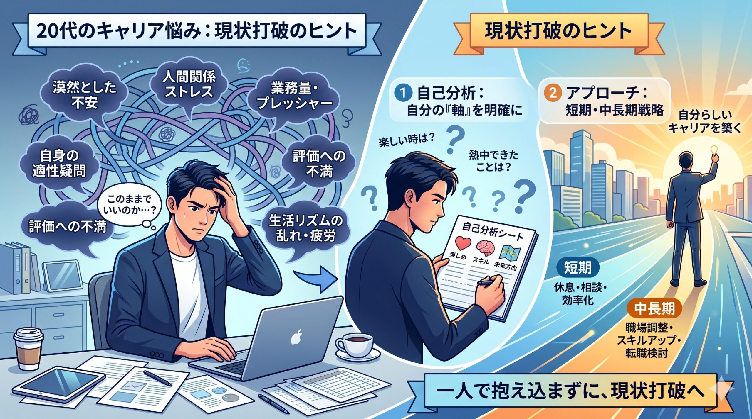 キャリアの悩みを抱え、考え込んでいる20代の男性または女性の画像