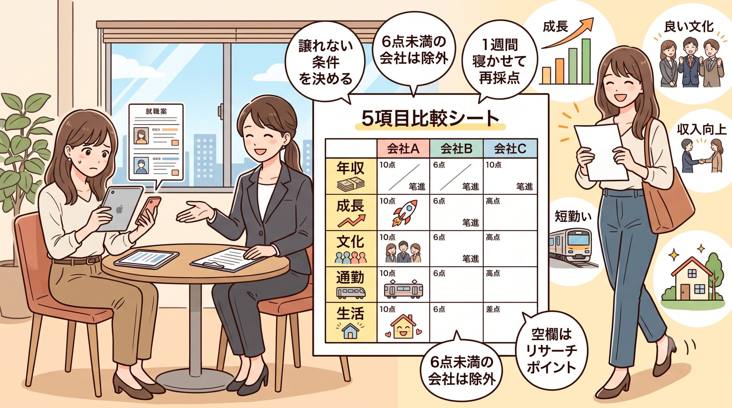 転職先を5項目で比較する20代のイメージ