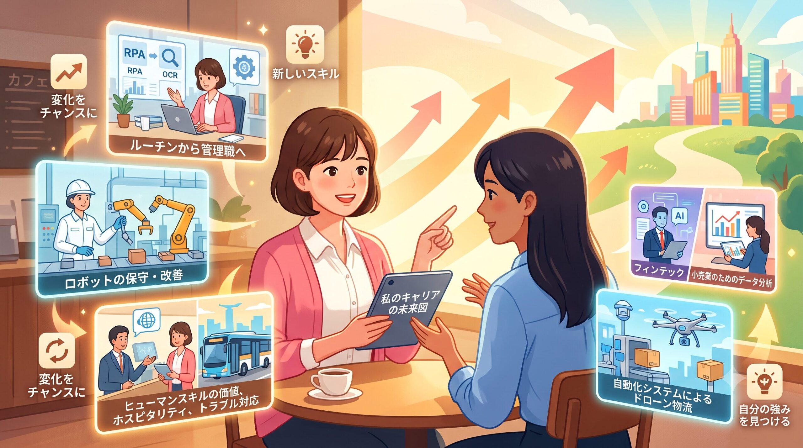AIや自動化が進む中で自分のキャリアをどのように描くか悩む若手社員のイメージ