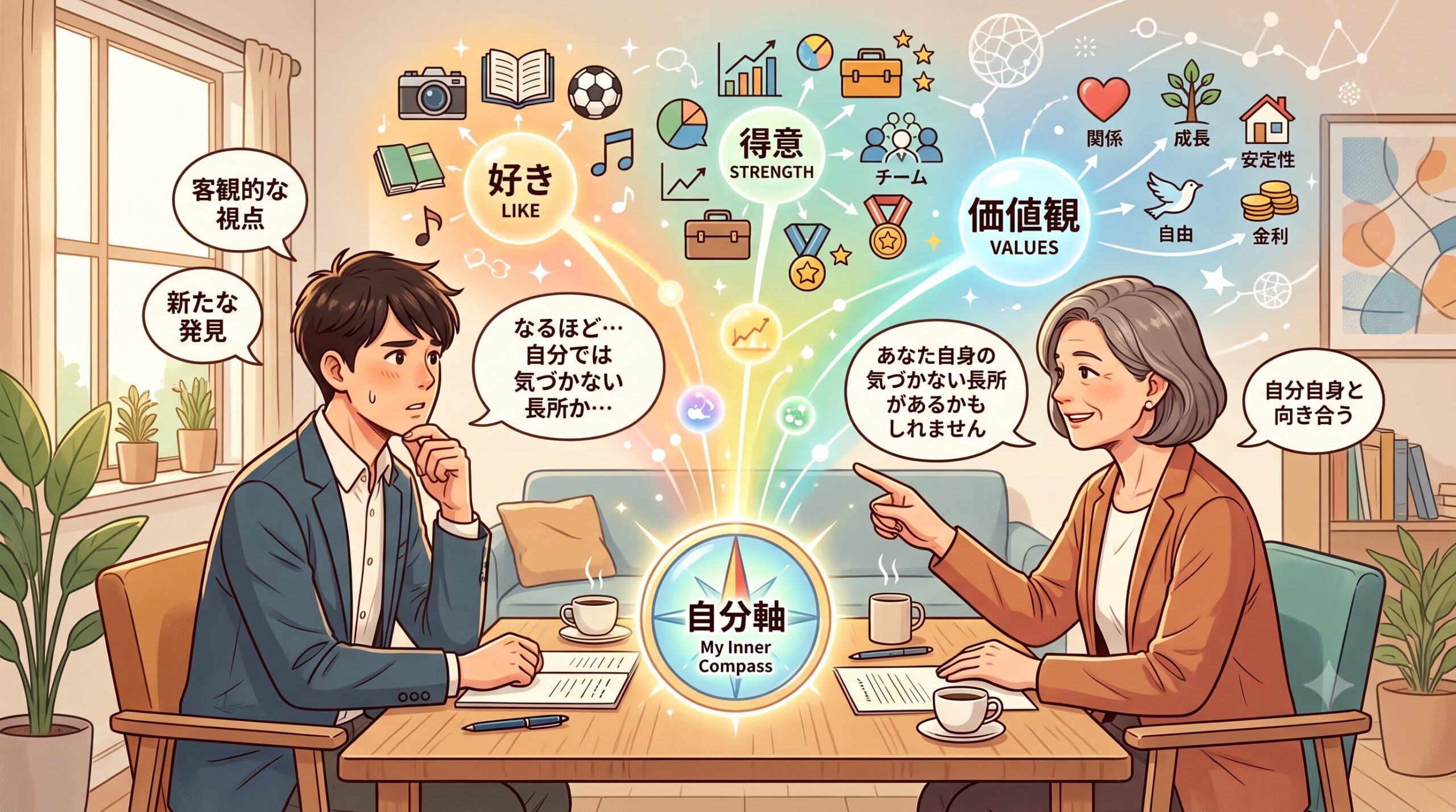 自分軸を見つけるための自己分析と他者との対話のイメージ