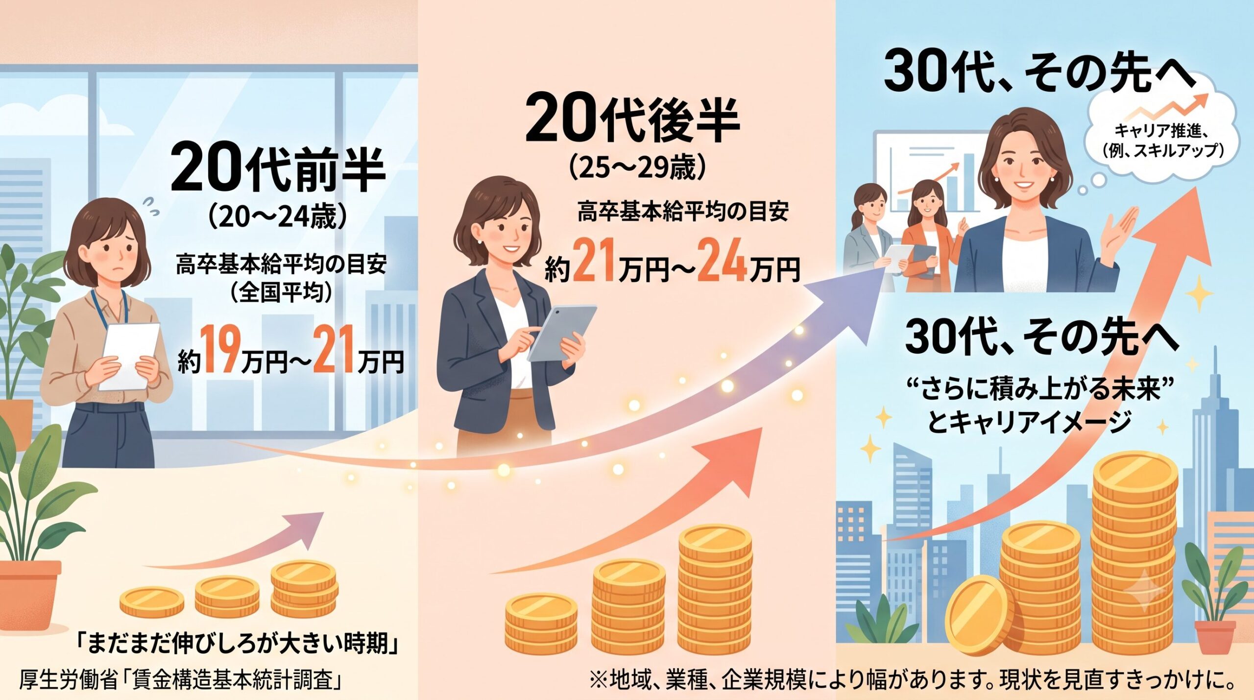 20代高卒社員の基本給の年代別推移を示すグラフ