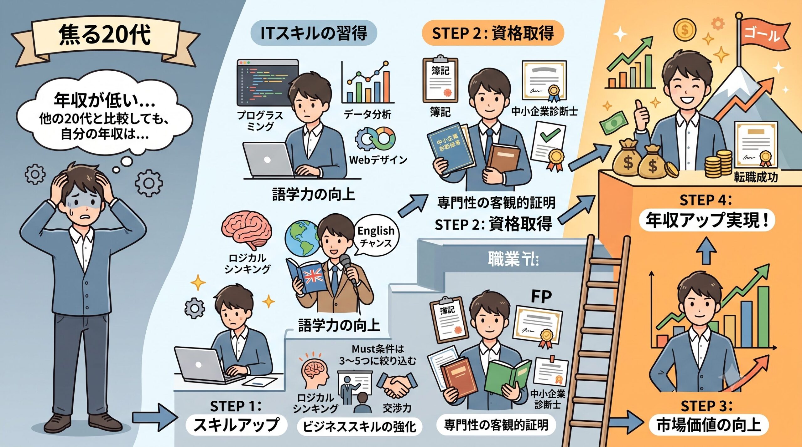 スキルアップと資格取得の具体的なステップを示した図
