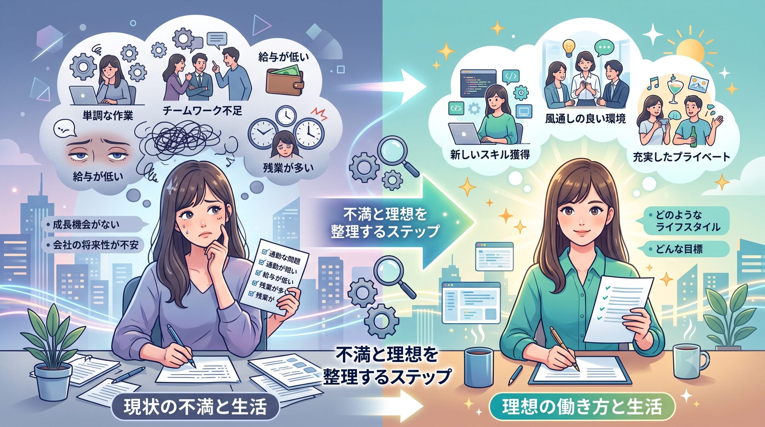 現状の不満と理想を整理するステップの図