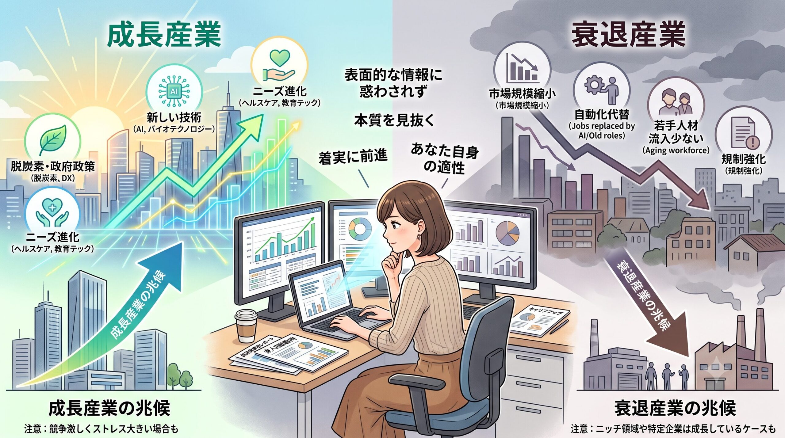 成長産業と衰退産業の簡単な比較図