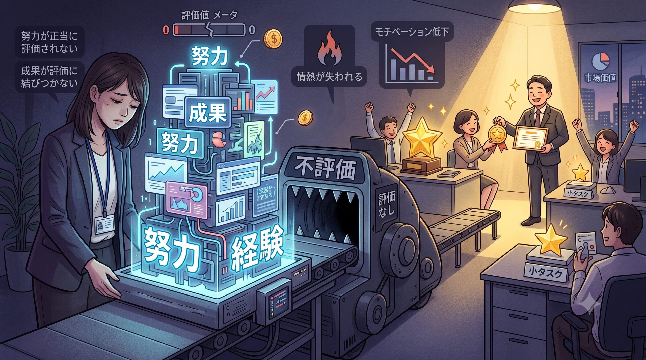 努力が評価されない状況のイラスト