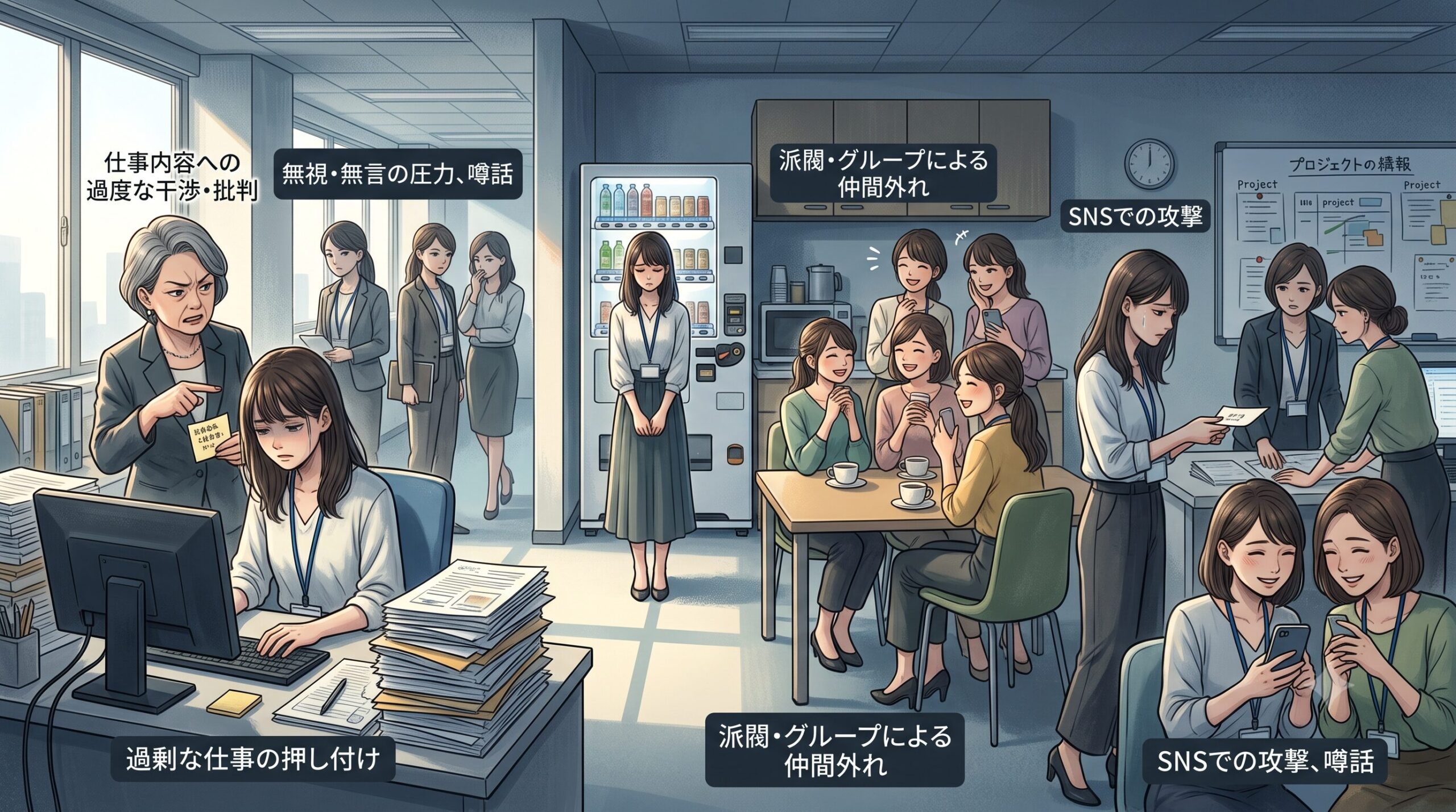 職場で女性がいじめを受けている状況のイラスト