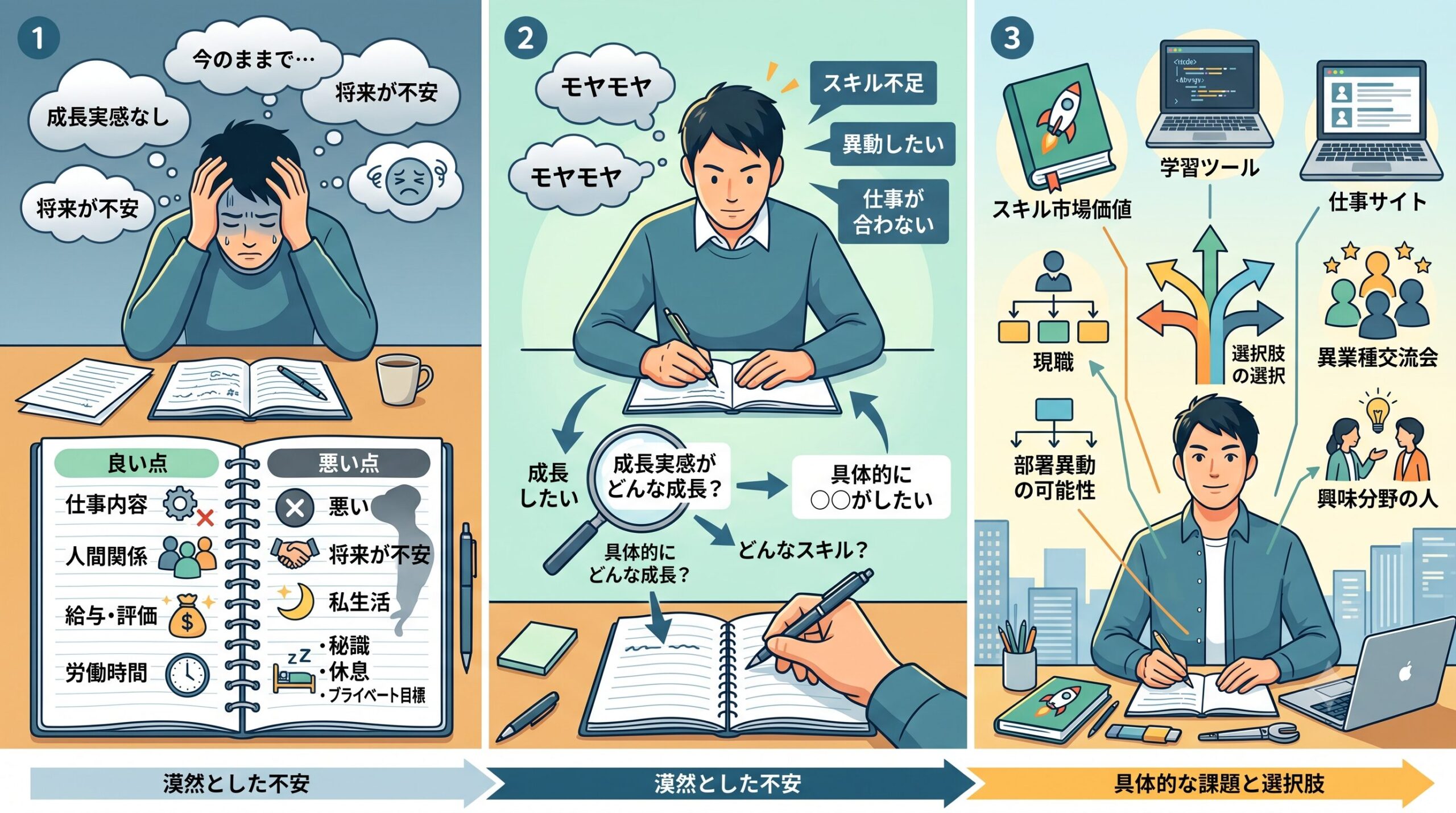20代がキャリアの不安を紙に書き出して整理するイメージ