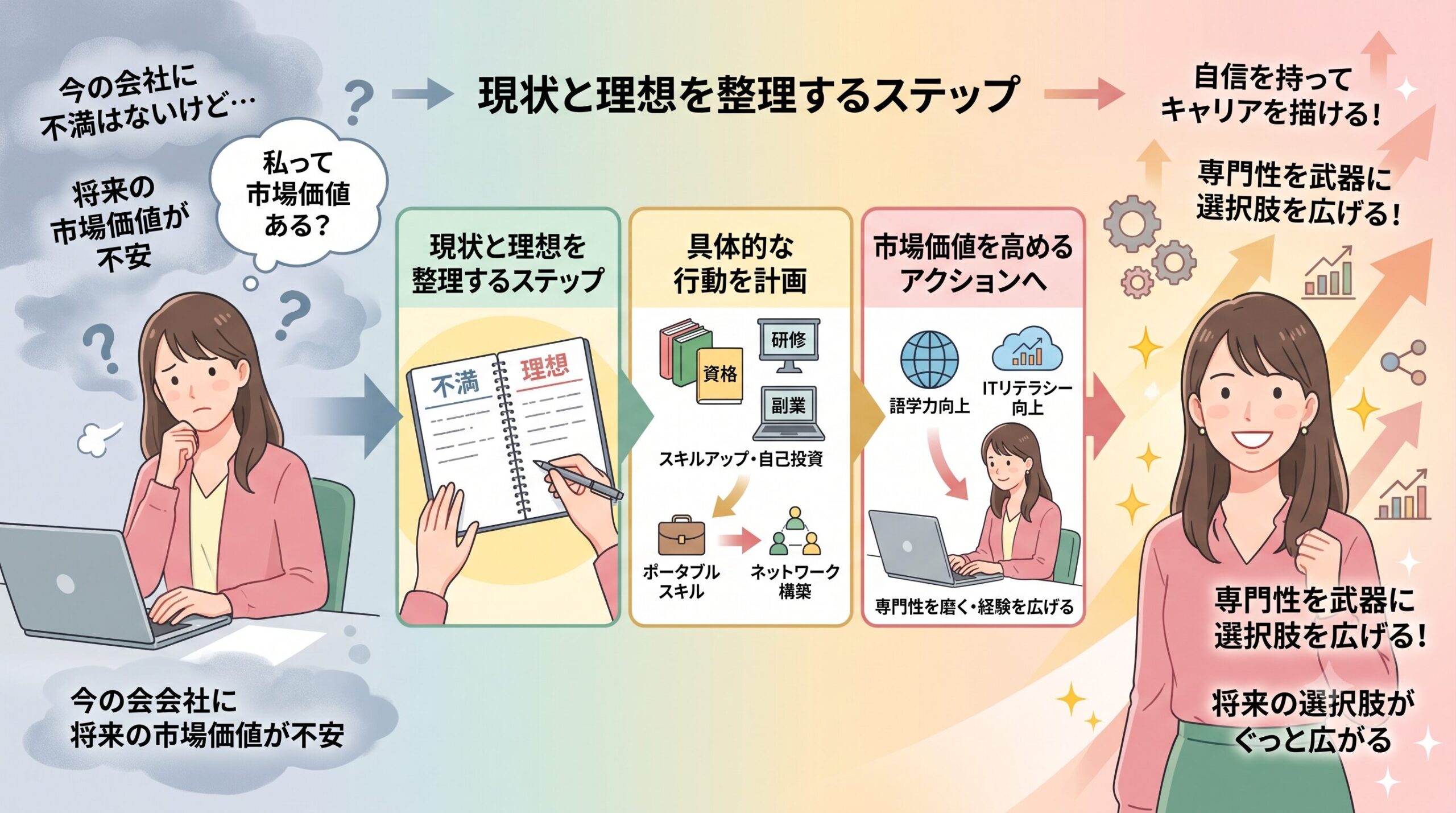 スキルアップと自己投資によって市場価値が向上するイメージ図