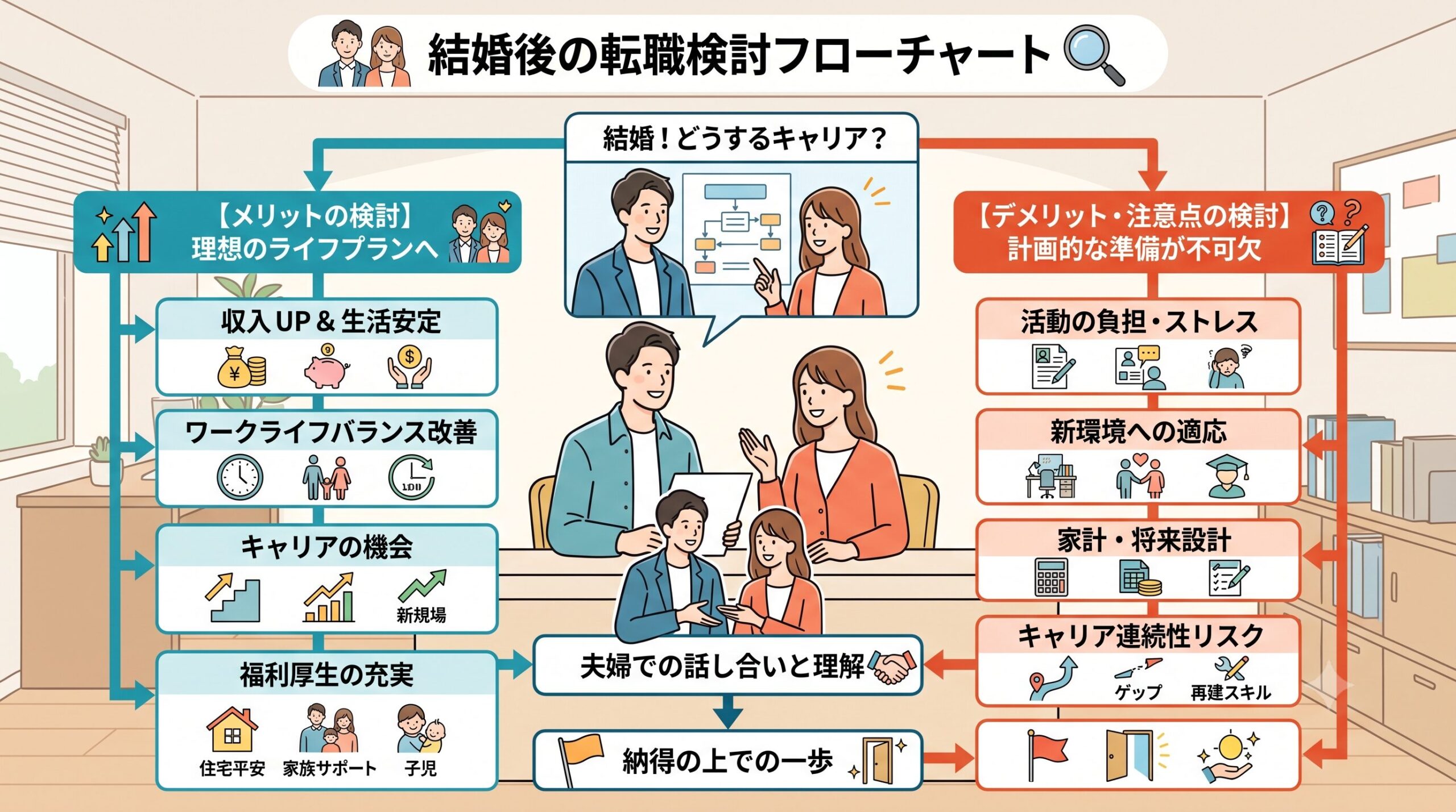 結婚後の転職における検討事項を整理する20代のイメージ